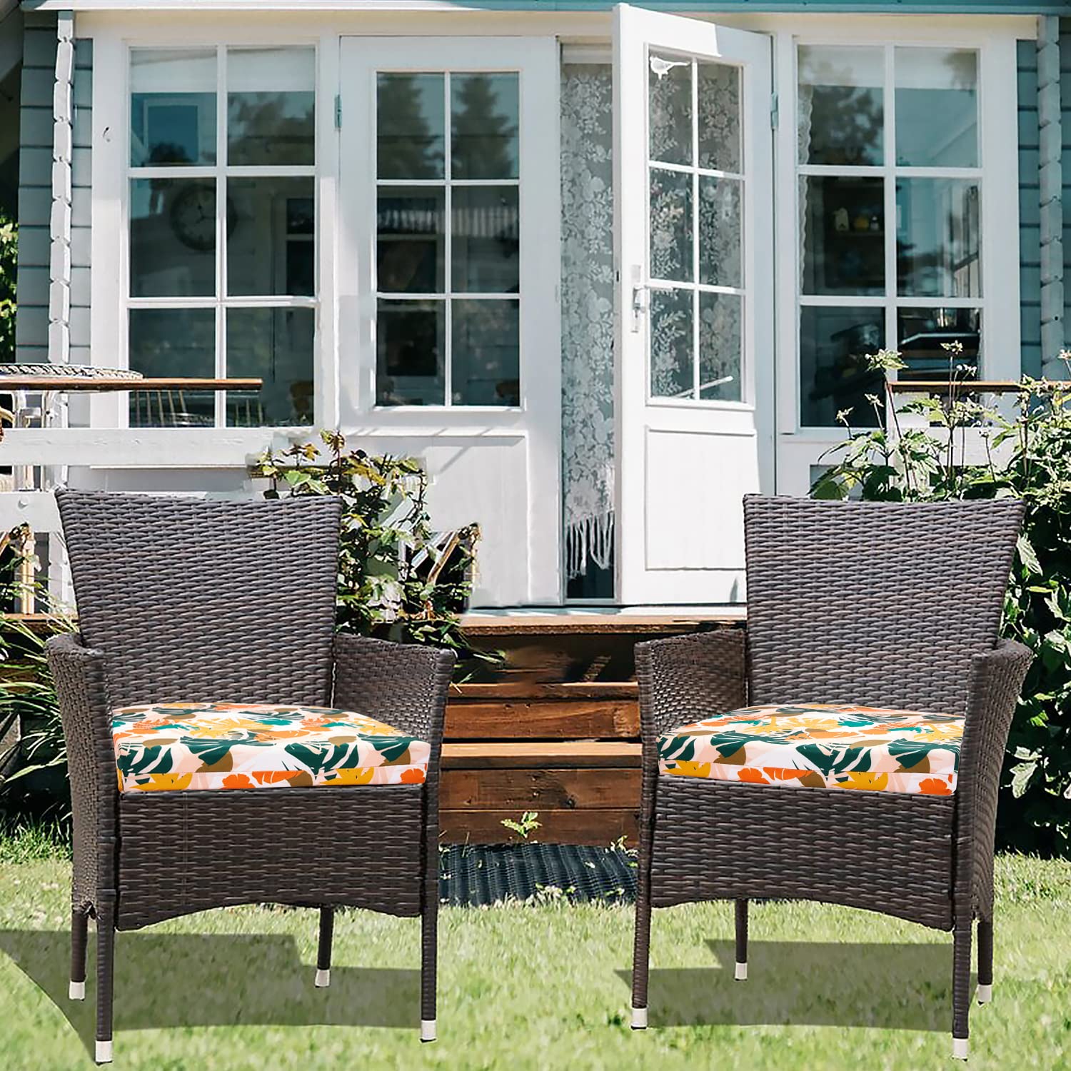 Premium Outdoor Chair Cushions Set of 4 - Water Resistant Patio Furniture Cushions with Secure Ties (17x16x2 Inch) - Colorful Leaf Pattern - Perfect for Garden, Deck, Poolside & Patio Relaxation