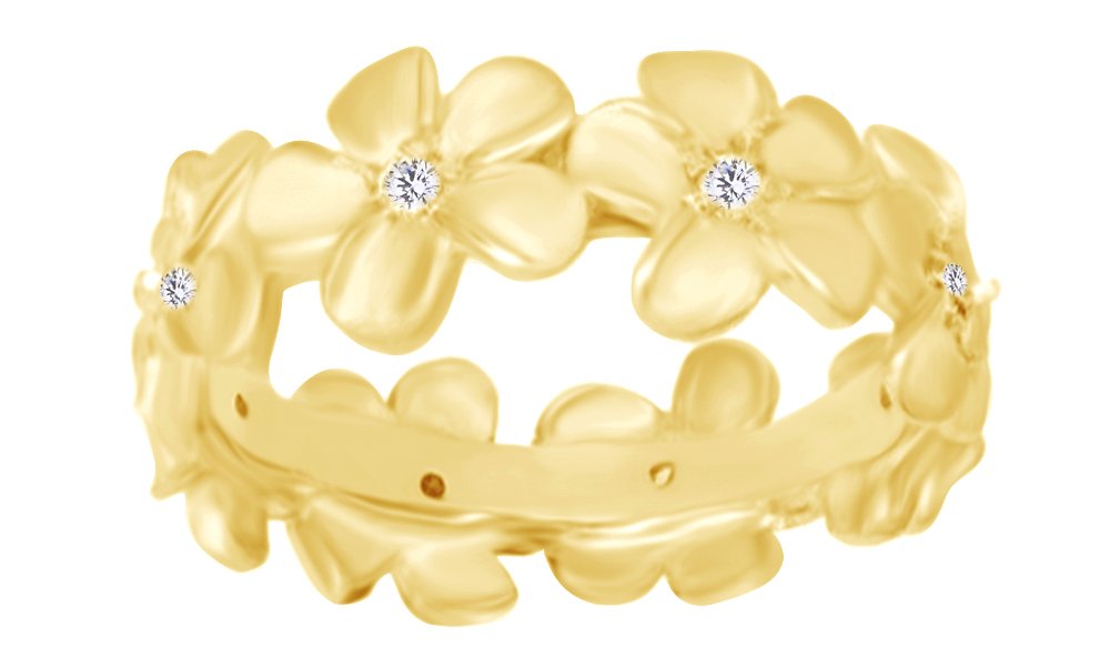 14K Gold Over Sterling Silver Round White Diamond Floral Eternity Band Ring - Perfect for Weddings, Anniversaries & Romantic Gifts