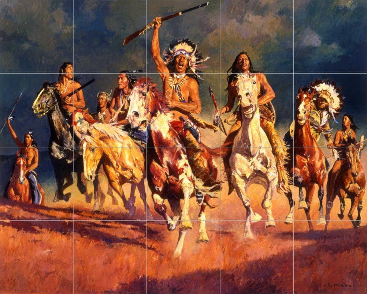 Ceramic Backsplash Tile Mural - Native American Indian Artwork 'Opening The Fight' by David Mann for Kitchen & Bathroom Decor - Perfect for Southwestern Style Home Renovation