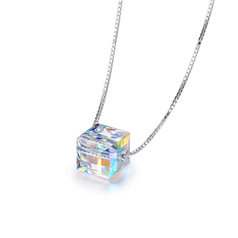 925 Sterling Silver Crystal Rainbow Cube Pendant Necklace for Women - Elegant Square Charm Necklace with Single Crystal, Perfect Valentine's Day, Mother's Day & Birthday Gift for Her, Mum, Sister & Friends - 6mm Chain - Ideal for Everyday Wear, Special Occasions & Gift Giving
