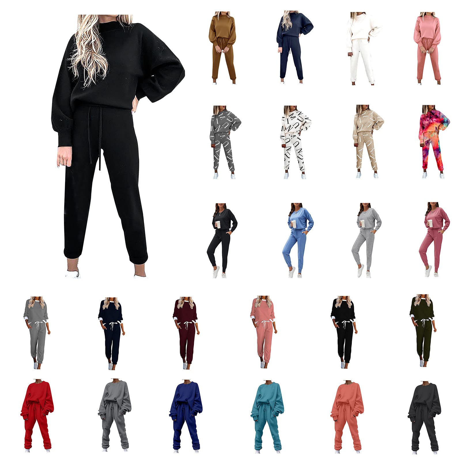 PEGONE Women's Casual Sweatpants & Long Sleeve Top 2-Piece Set - Soft Solid Color Lace-Up Sportswear for Yoga, Gym & Lounge Wear