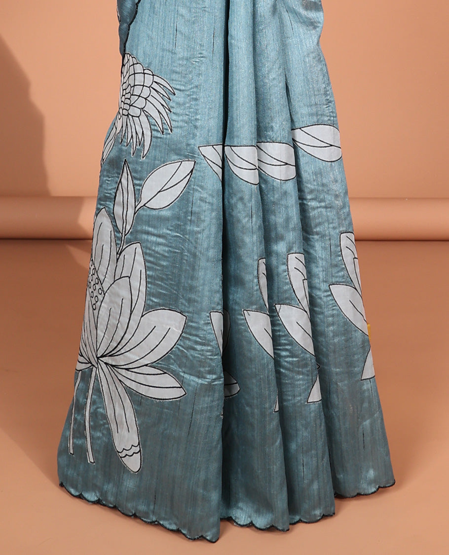 Blue Lake-Inspired Tussar Silk Saree with Scallop Border - Elegant Traditional Indian Attire for Weddings & Festive Occasions