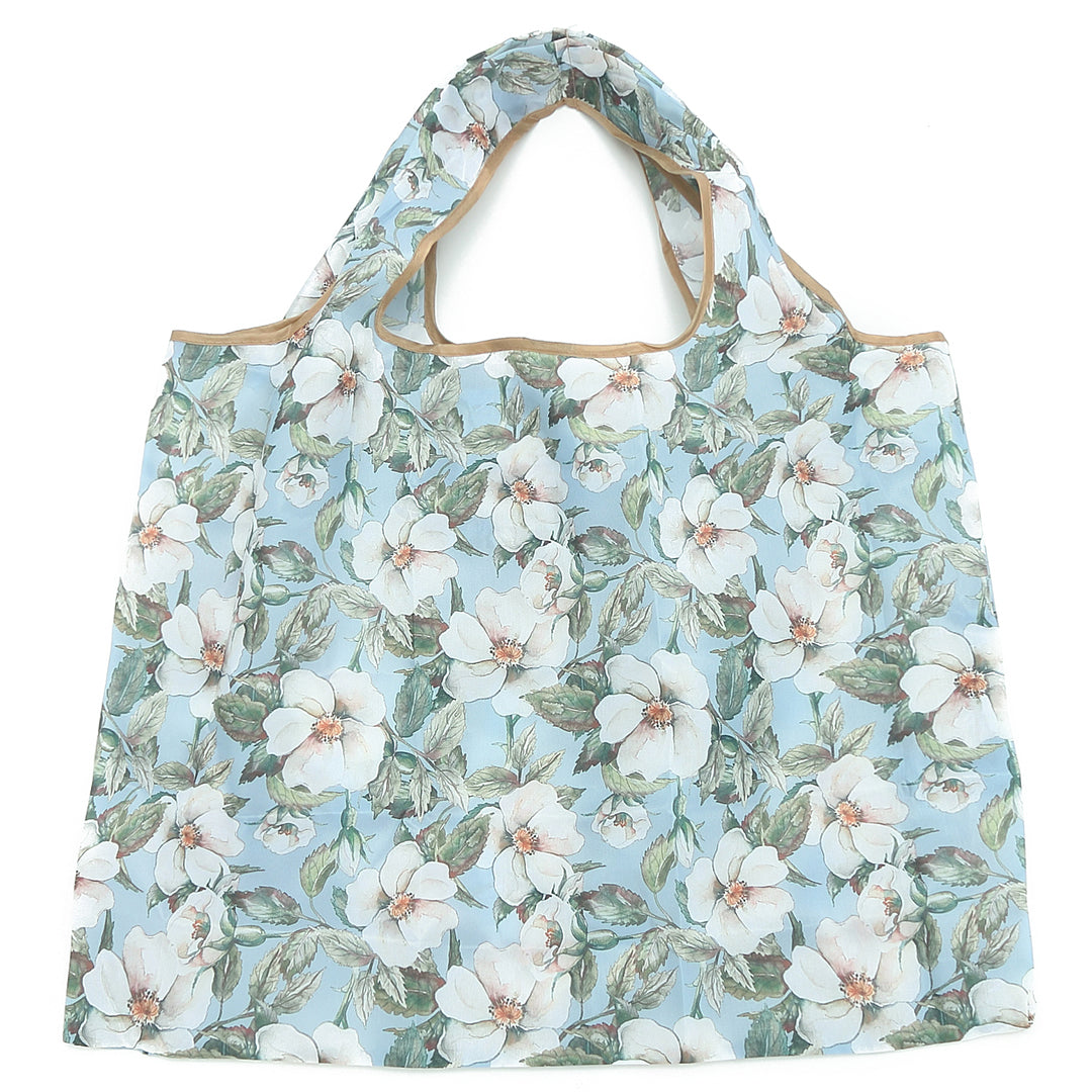 Foldable Tote Bag for Women - Jackie Hibiscus Print in White & Blue - Perfect for Shopping, Beach, Travel, and Daily Use
