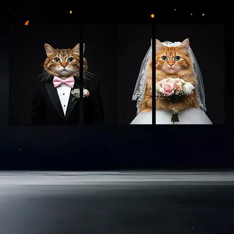 3pcs Two Cats Wearing Wedding Dresses Wall Art Set - 50x70cm Framed Canvas Prints | High Quality Australian Made | Perfect for Bedroom, Living Room & Wedding Decor