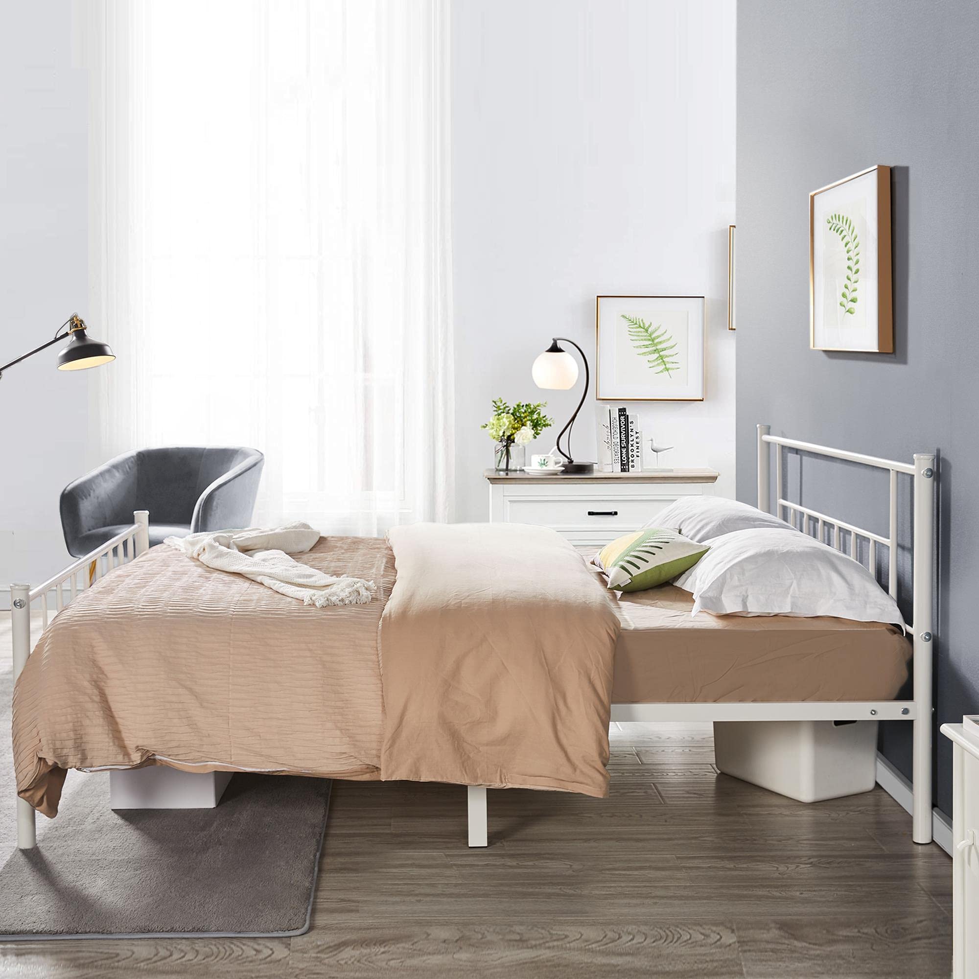 Topeakmart Queen Size Metal Bed Frame with Headboard & Footboard - Sturdy Steel Slat Support, No Box Spring Needed, Under Bed Storage - White - Perfect for Modern Bedrooms, Guest Rooms & Small Spaces