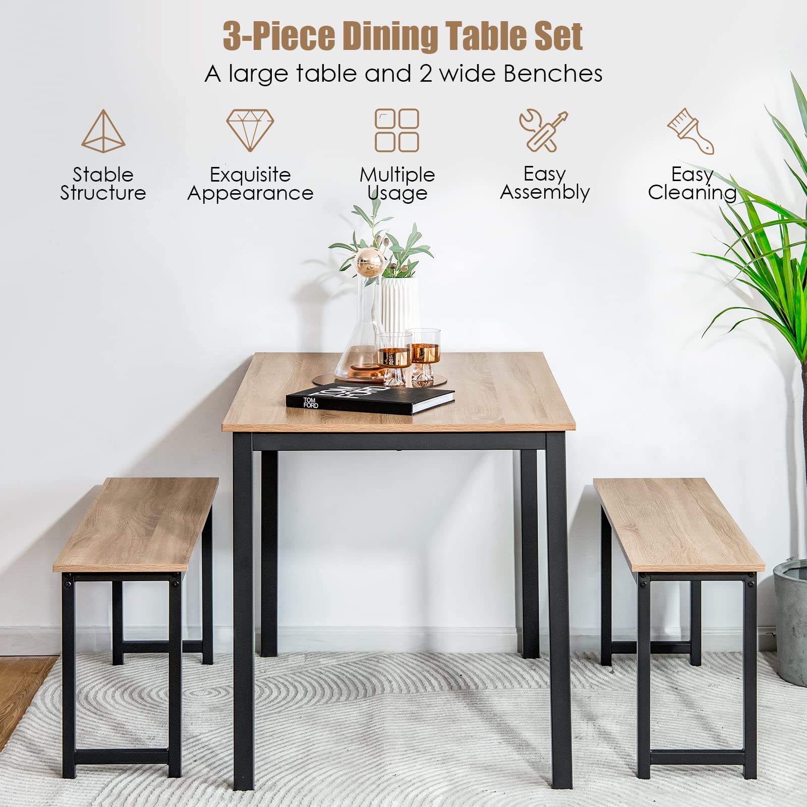 Modern Industrial Dining Table Set for 4 with 2 Benches - 3-Piece Kitchen Table with Metal Frame & Wood Tabletop - Industrial Brown & Black - Perfect for Small Spaces, Apartments, and Modern Farmhouse Dining Rooms