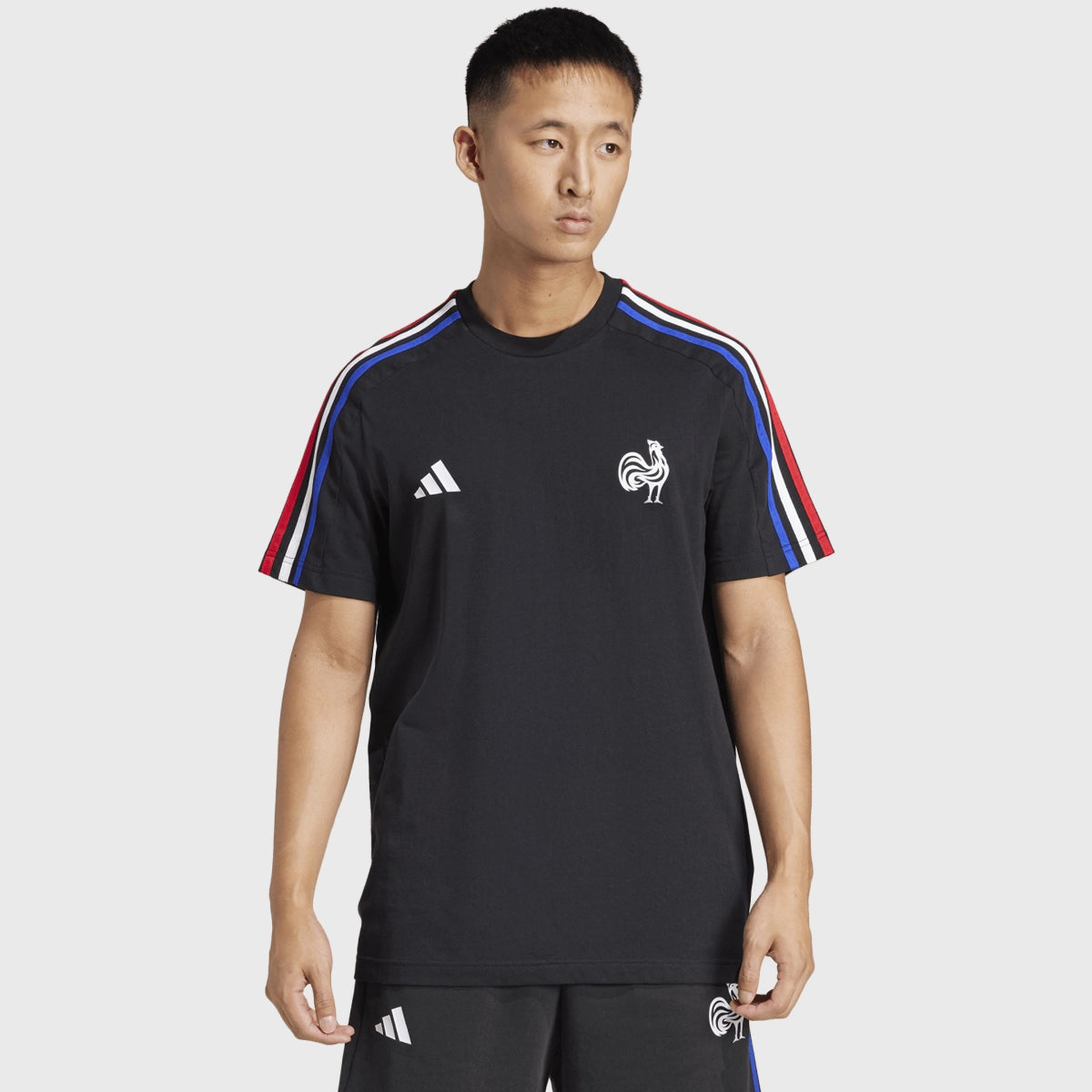 Adidas France Rugby 3 Stripe T-Shirt for Men - Black Cotton Jersey Tee - Perfect for Rugby Fans, Sports Events & Casual Wear
