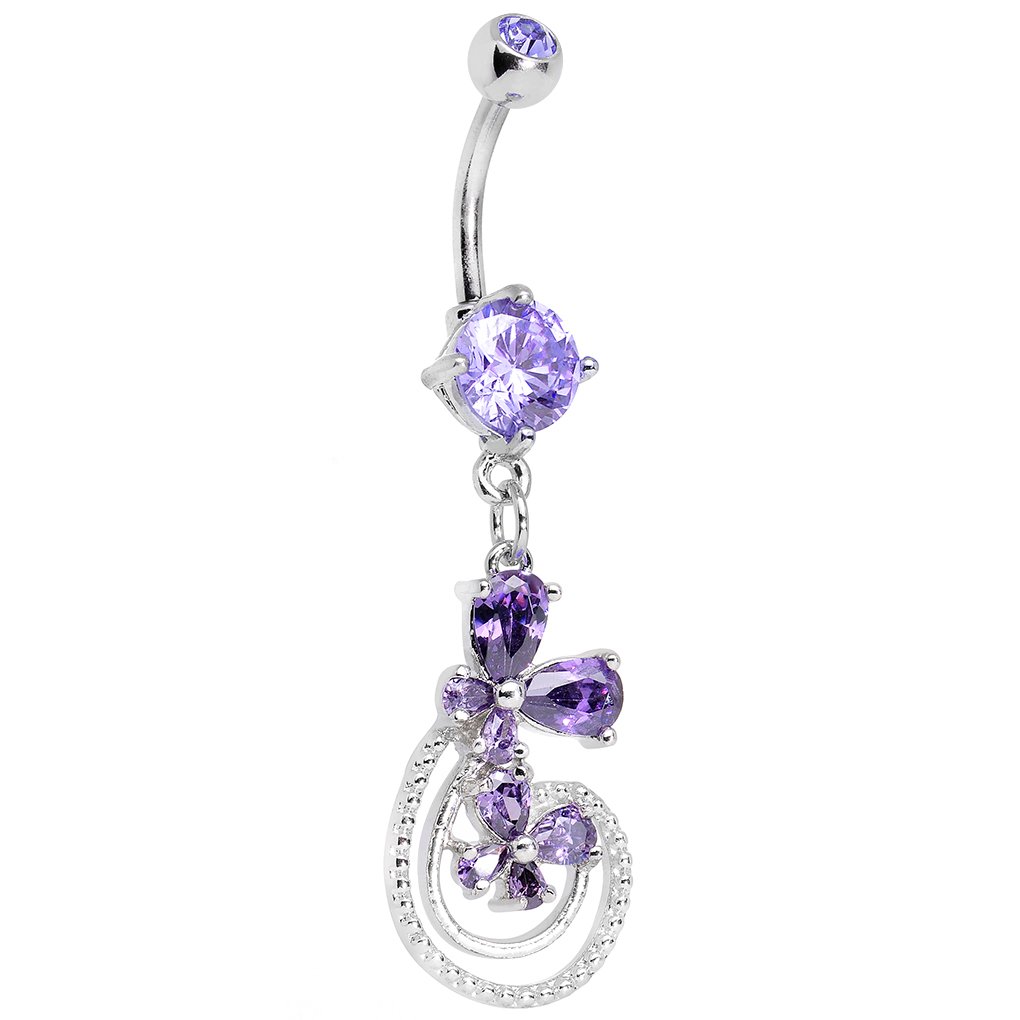 Body Candy Stainless Steel Purple Swirling Flower Dangle Belly Button Ring - Elegant Navel Piercing Jewelry for Women, Perfect for Parties & Beach Outfits