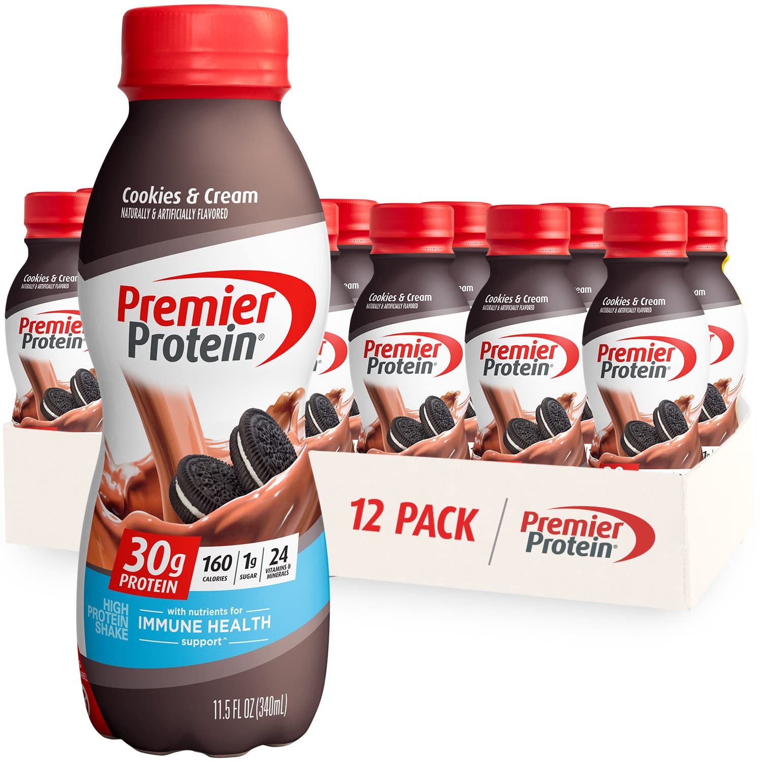 Premier Protein Shake - Cookies & Cream Flavor | 30g Protein, 1g Sugar | 24 Vitamins & Minerals for Immune Support | 11.5 fl oz (12 Pack) | Perfect for Post-Workout Recovery, Meal Replacement & On-the-Go Nutrition