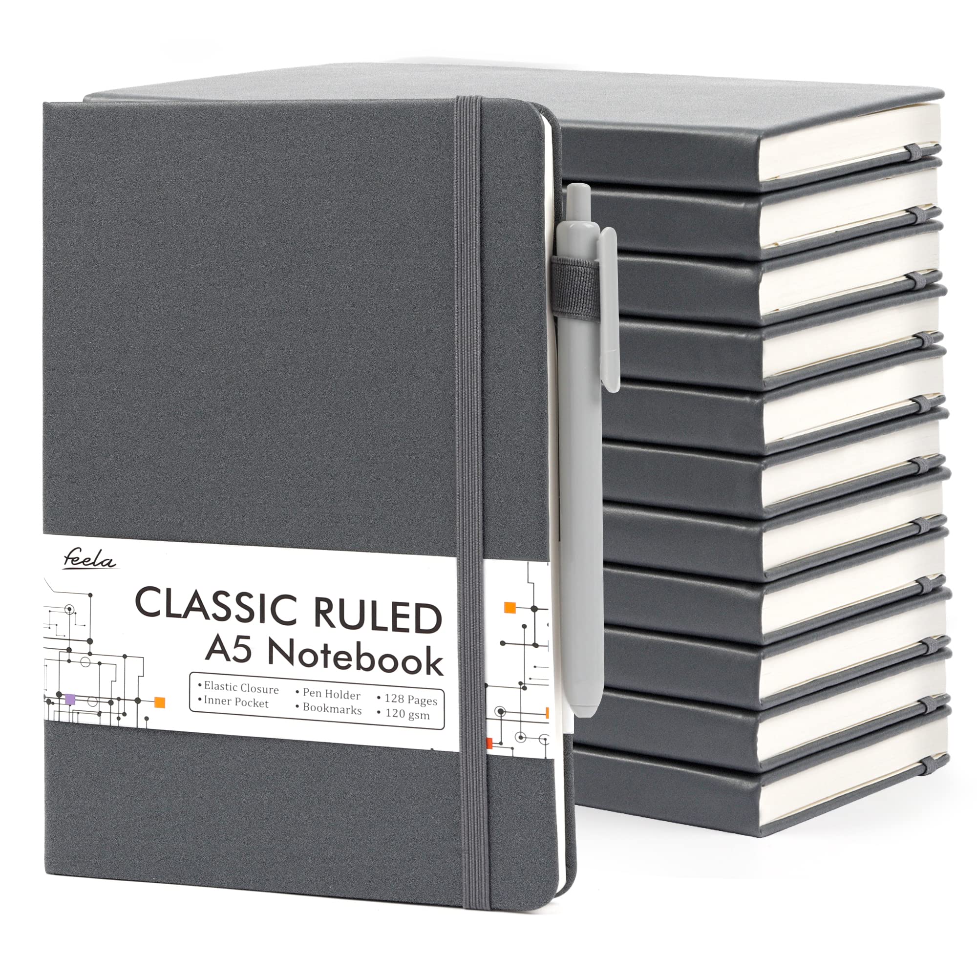 12-Pack A5 Hardcover Notebooks & Journals Set with 12 Black Pens - 120 GSM Ruled Paper, 5.1