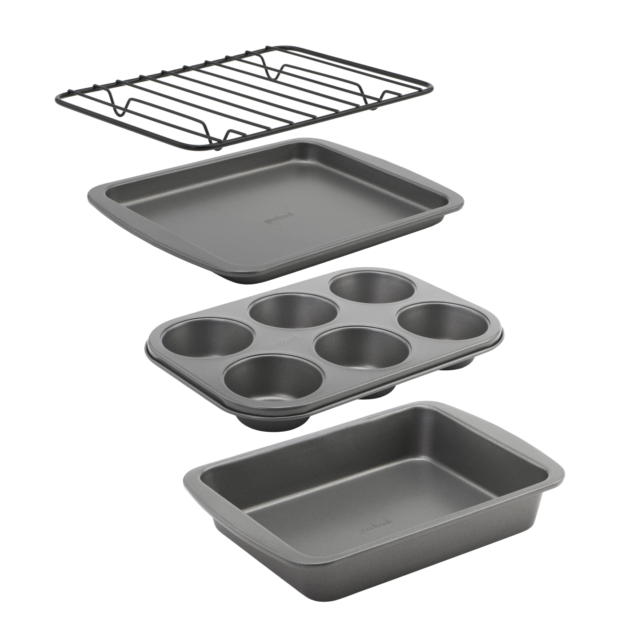 GoodCook 4-Piece Nonstick Steel Toaster Oven Baking Set - Includes Sheet Pan, Rack, Cake Pan & Muffin Pan - Even Heat Distribution, Dishwasher Safe - Perfect for Baking, Roasting & Meal Prep in Small Kitchens