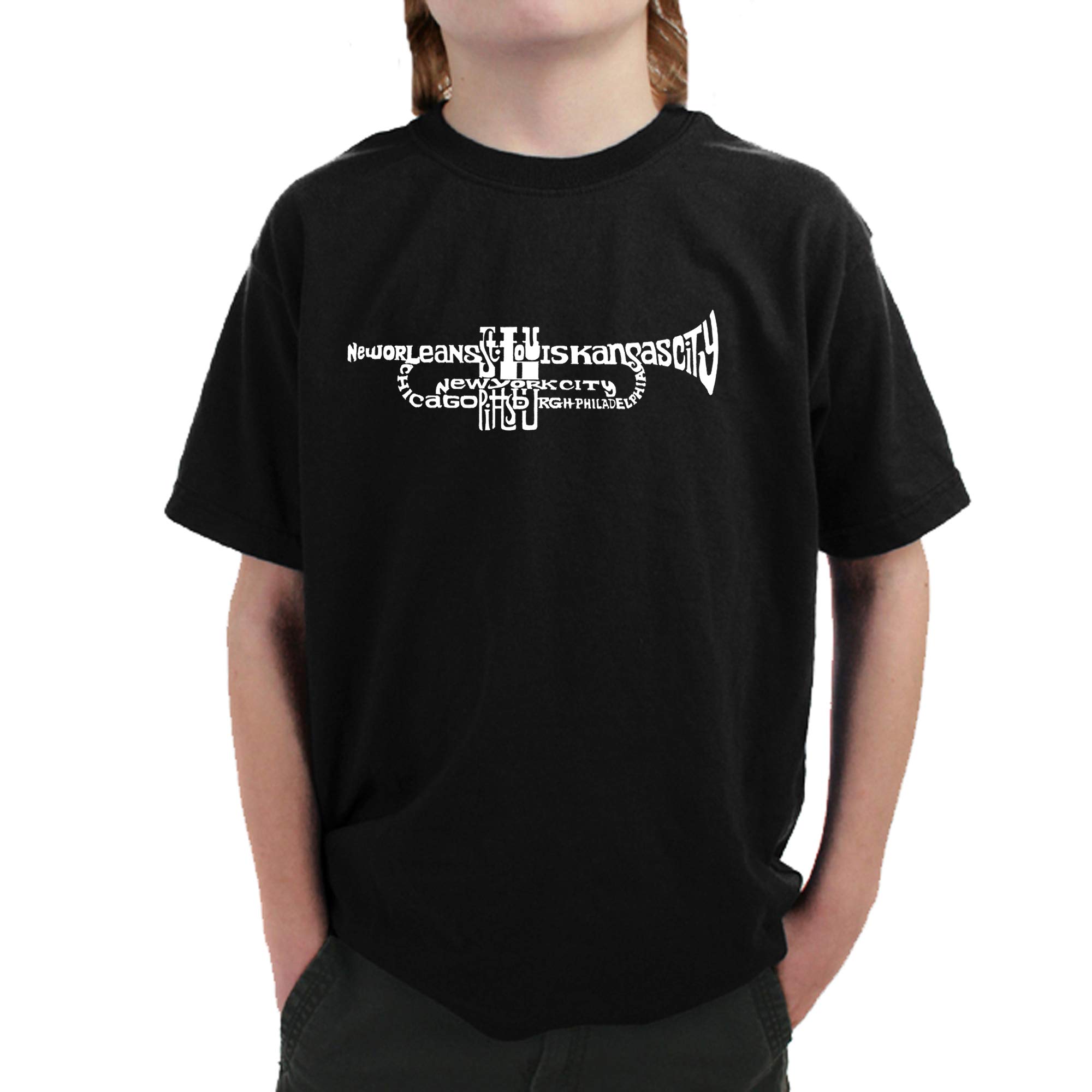 LA POP ART Boys' Word Art Graphic T-Shirt - Cool Trumpet Design for Kids | Perfect for Casual Wear, Music Lovers & School Activities