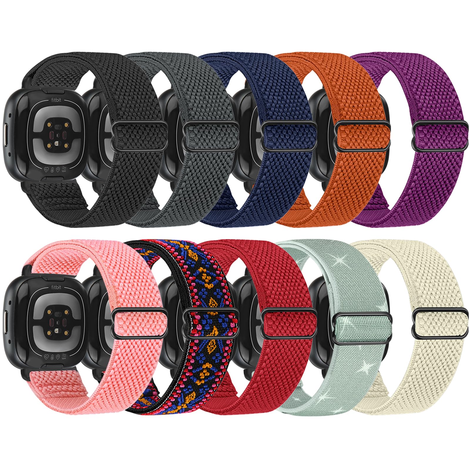 10-Pack Elastic Replacement Bands for Fitbit Sense/Versa 3/Versa 4/Sense 2 - Adjustable Stretchy Nylon Solo Loop Sport Strap for Women & Men - Perfect for Workouts, Running & Daily Wear