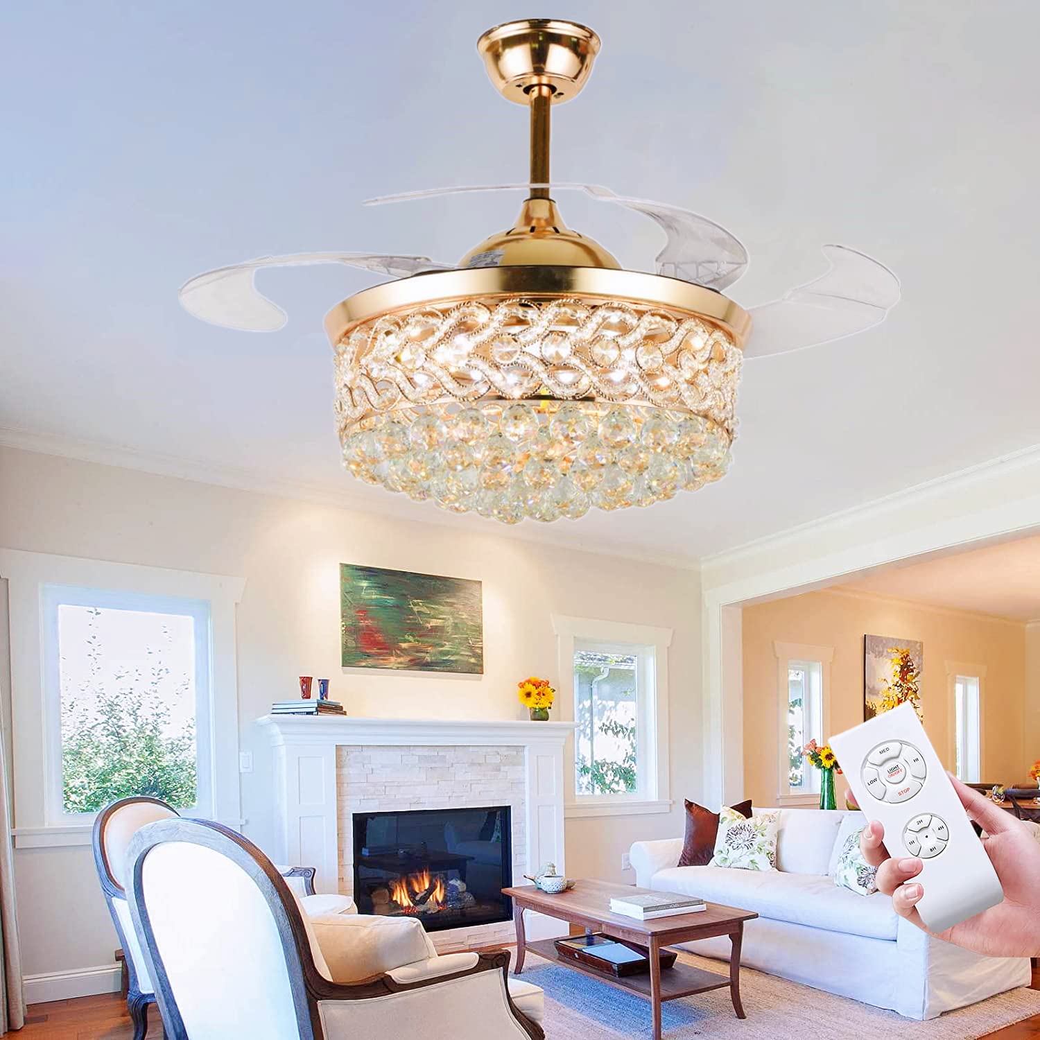 42 Inch Gold Crystal Ceiling Fan with LED Lights & Remote Control - Retractable Blades, 3 Speed Settings, 3 Color Temperatures - Elegant Chandelier Fan for Living Room, Bedroom & Dining Room