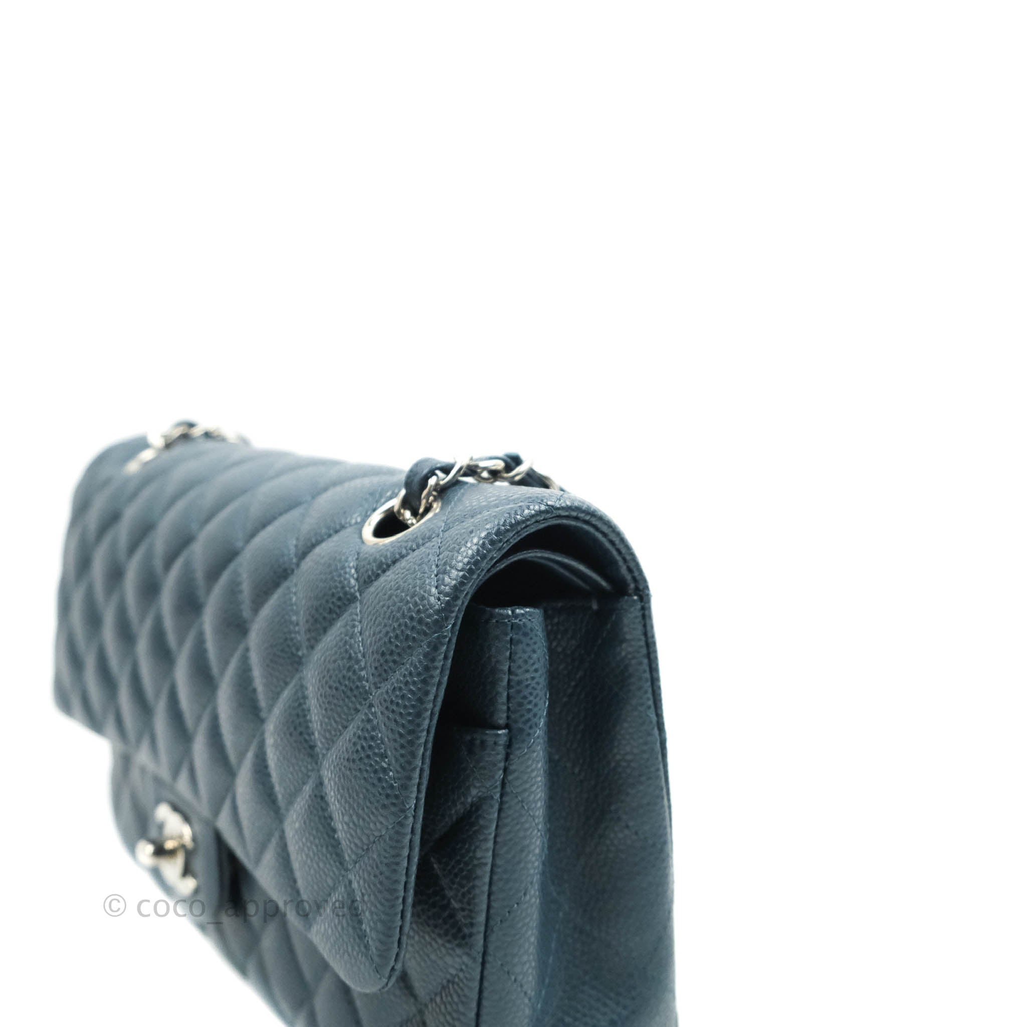 Chanel Classic M/L Medium Double Flap Bag in Pearly Blue Caviar Leather with Silver Hardware - Luxury Handbag for Women, Perfect for Parties, Work & Everyday Use