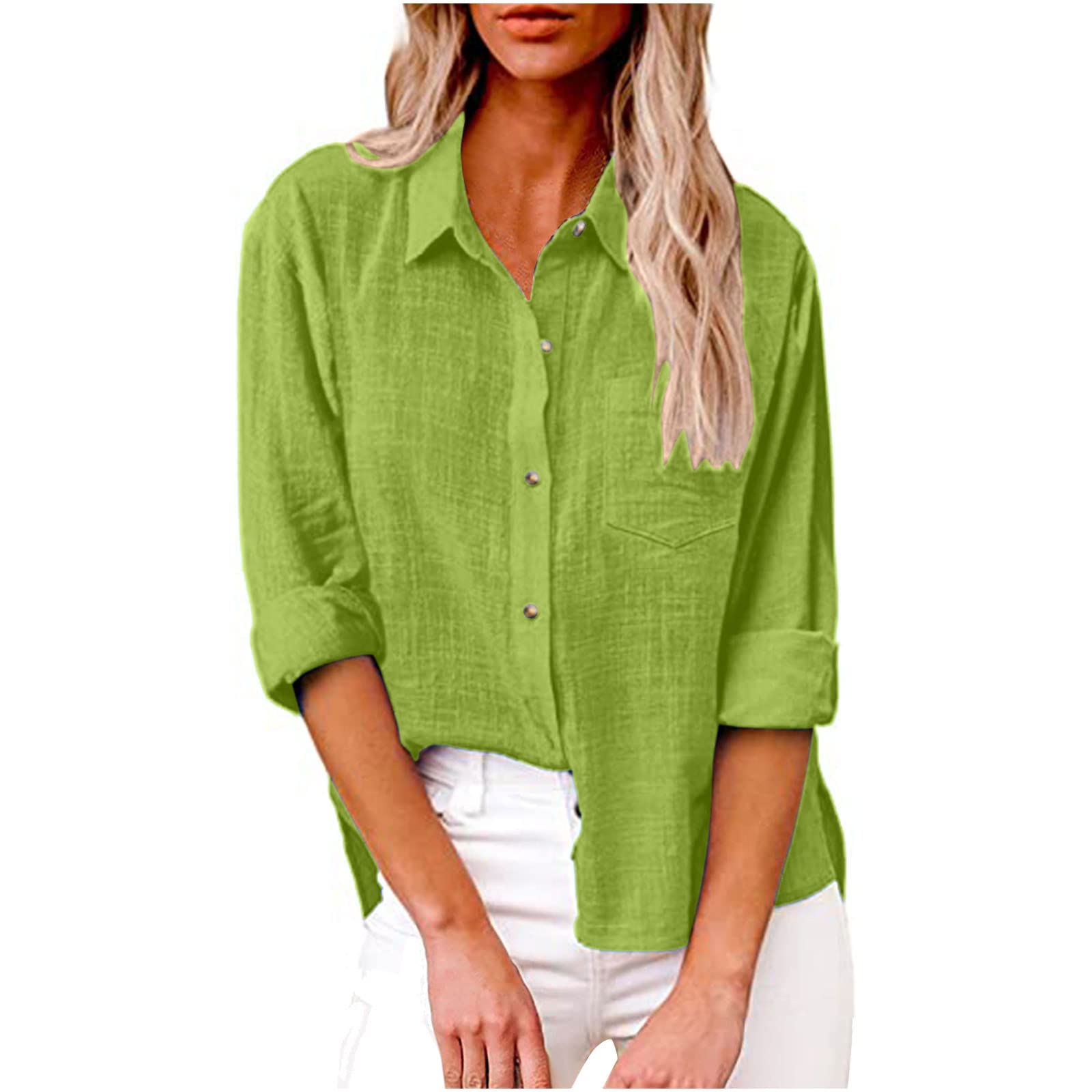 Women's Linen Long Sleeve Blouse with Button Lapel - Elegant Work & Casual Slim Fit Cotton Top for Office, Date Night & Spring Outfits