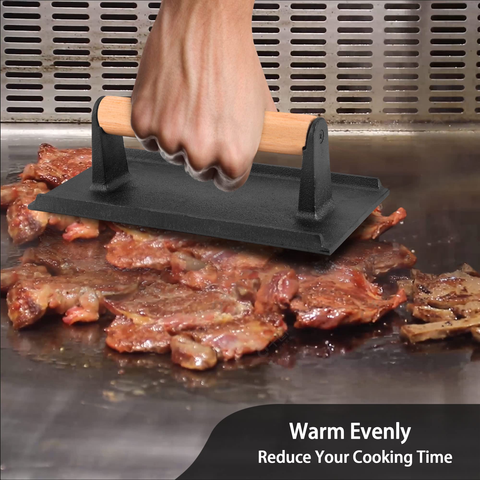Leonyo Heavy Duty Cast Iron Grill Press with Wood Handle - Pre-Seasoned Bacon Press & Burger Smasher for Griddle Cooking - Perfect for Burgers, Steak, Panini, Sandwiches (8.2