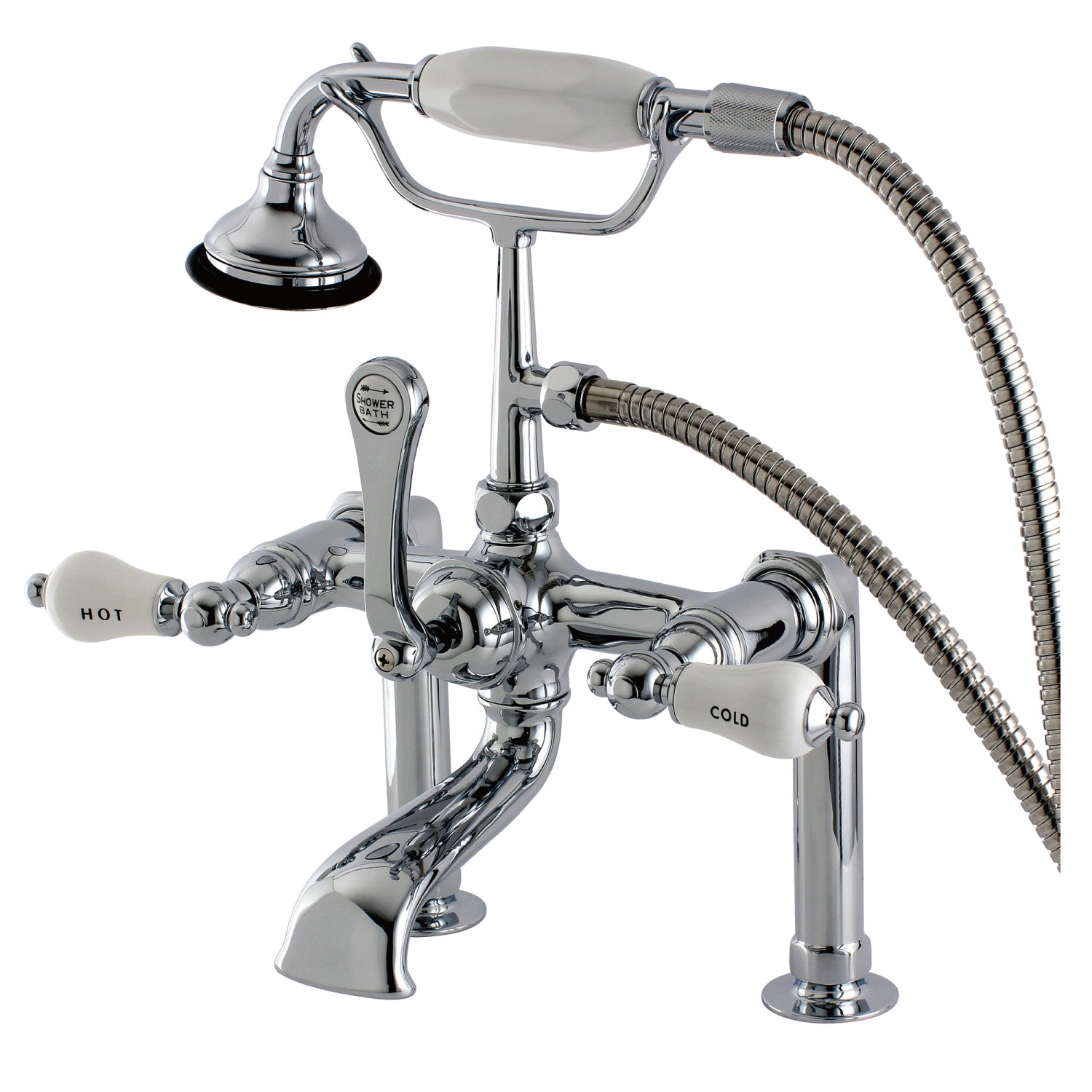 Vintage Clawfoot Tub Faucet with Hand Shower - 3 Handle 2 Hole Deck Mount Bathroom Fixture in Polished Chrome - Perfect for Classic & Farmhouse Style Bathrooms