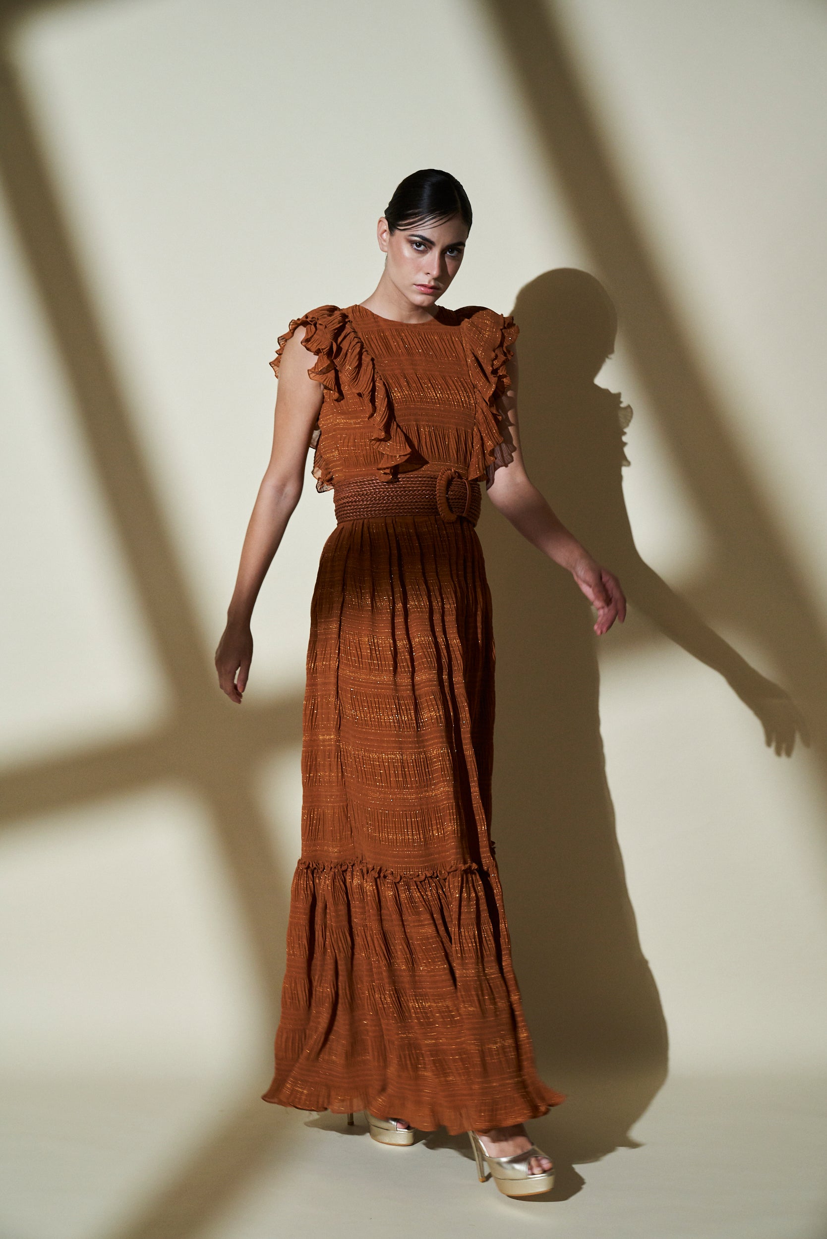 Mustard Gold Woven Zari Maxi Dress for Women - Elegant Boho Ethnic Party Gown for Weddings, Festivals & Special Occasions