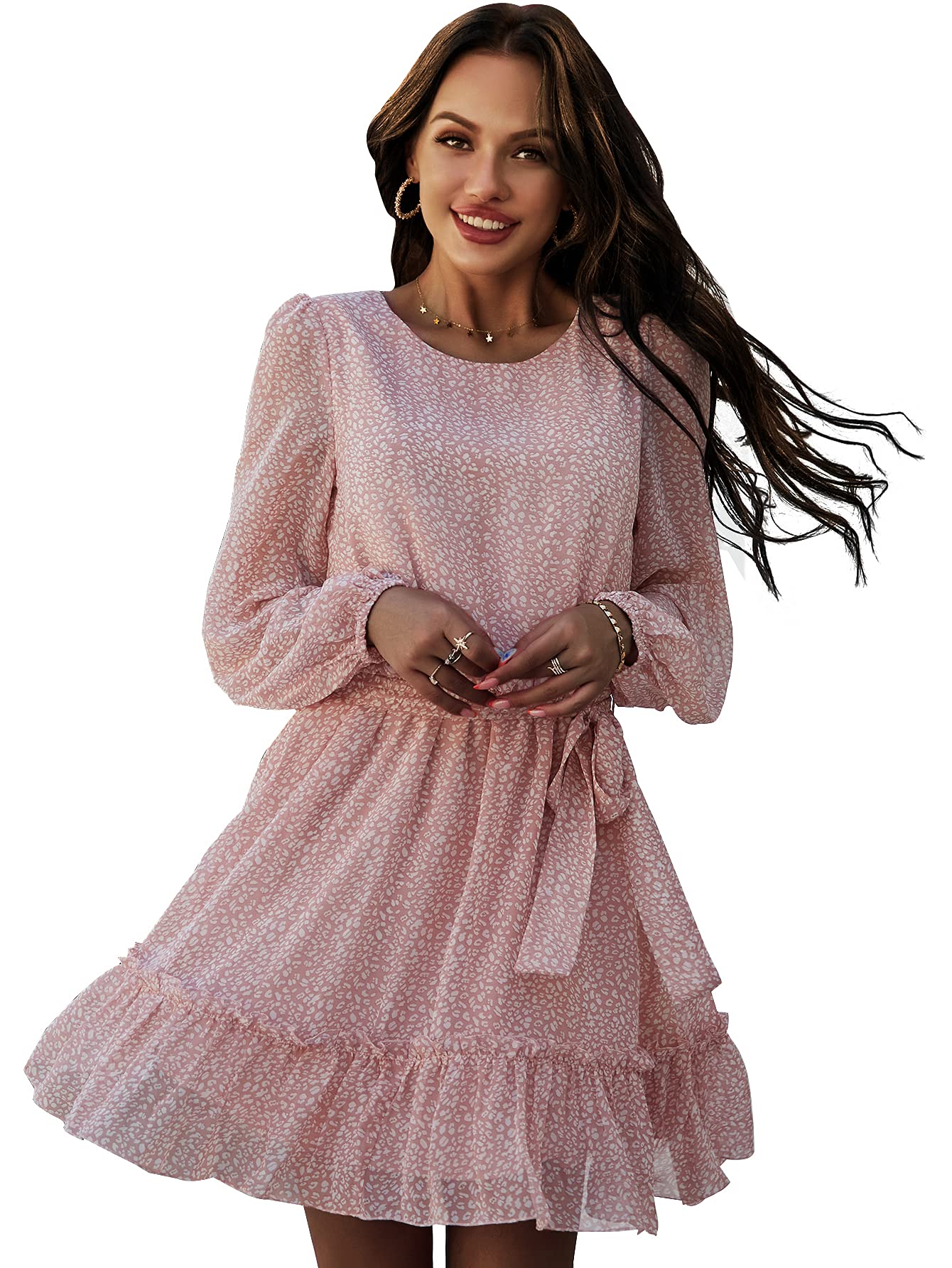 Women's Floral Print Ruffle A-Line Mini Dress with Waist Tie - Long Sleeve Round Neck Casual Dress for Spring Summer, Perfect for Date Night, Brunch & Office Wear