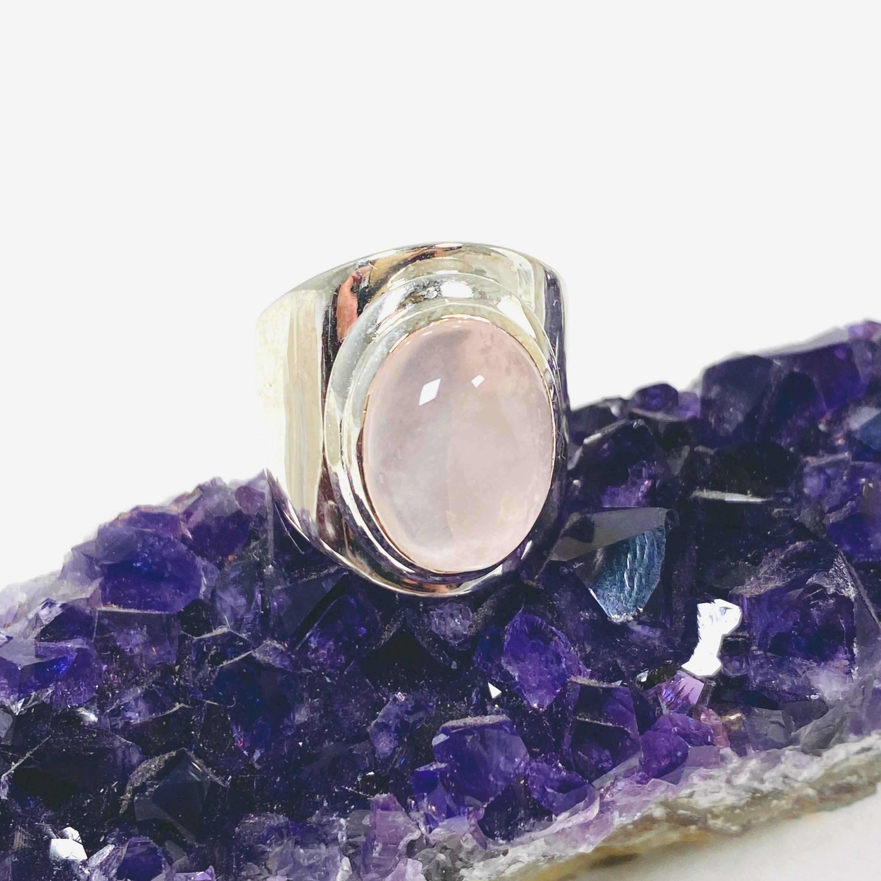 Rose Quartz Wide Band Ring R3762 RQ - Elegant Healing Crystal Jewelry for Women, Perfect for Meditation, Yoga & Spiritual Gifts
