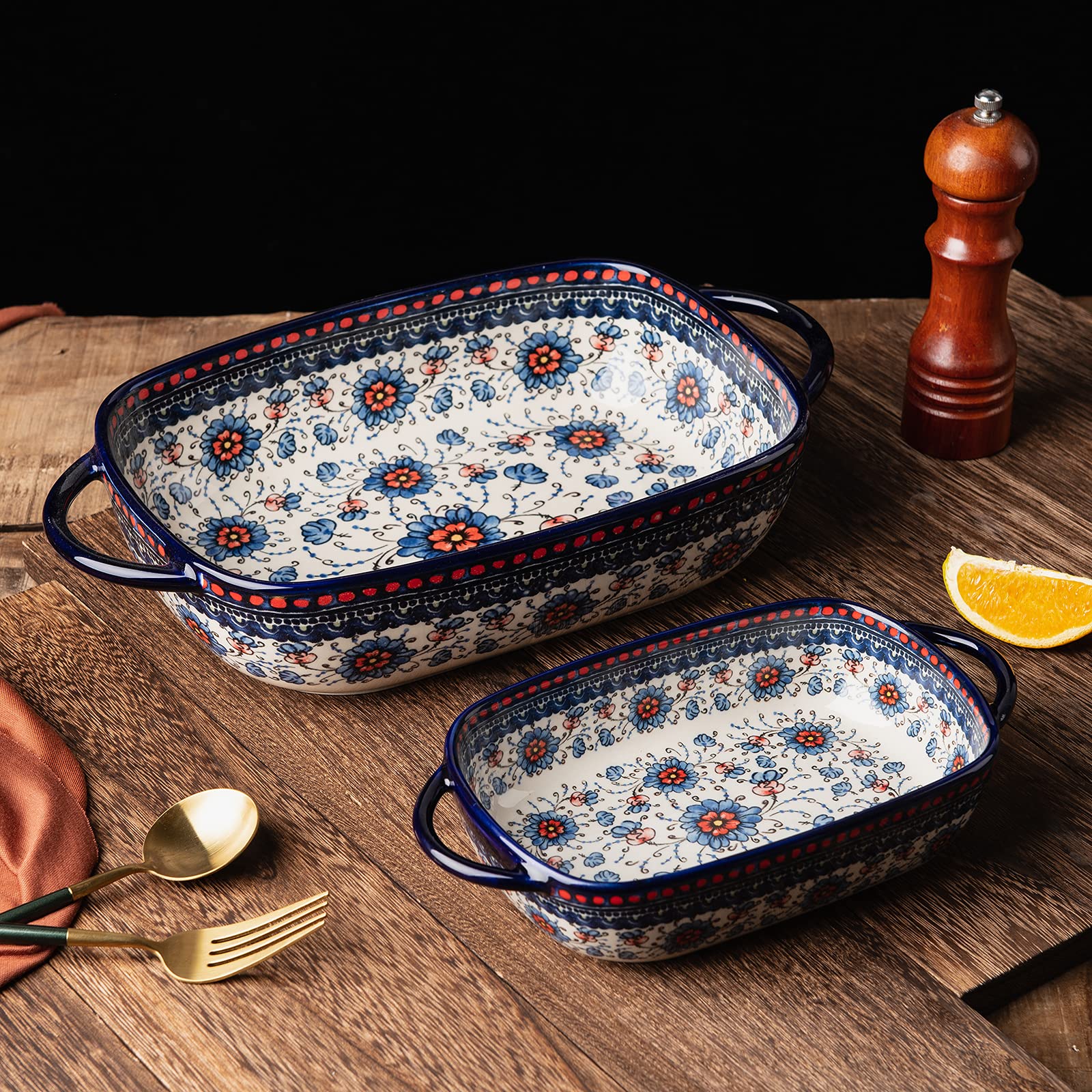 Blue Ceramic Baking Dish Set - 2-Piece Rectangular Casserole Pan for Lasagna, Oven Bakeware | Perfect for Family Dinners, Holiday Meals & Meal Prep