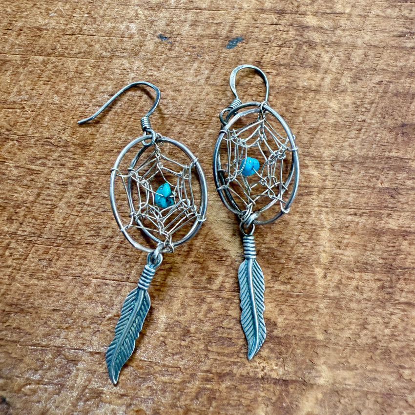 Sterling Silver Turquoise Double Dreamcatcher Pierced Earrings for Women - Boho Chic Jewelry for Everyday Wear & Special Occasions