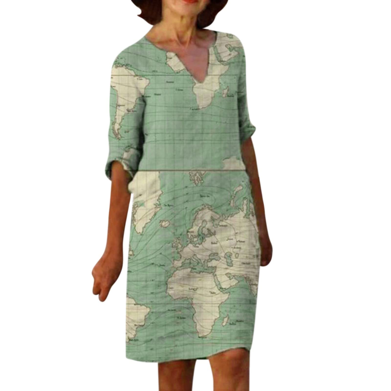 ALLZ Women's Casual Fashion Map Print Half Sleeve Retro V-Neck Pullover Dress for Wedding Guest - Perfect for Cocktail Parties, Date Nights & Summer Events