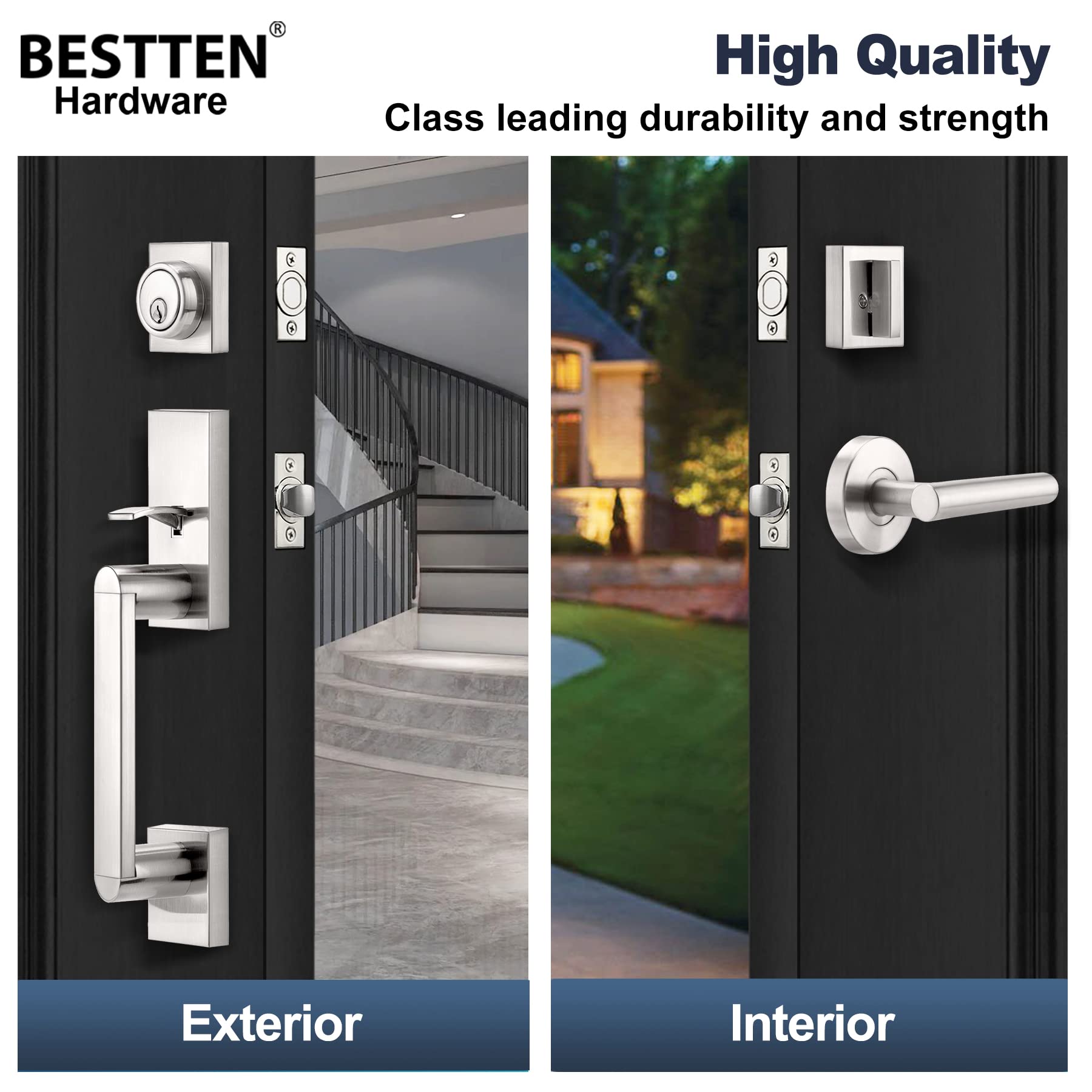 BESTTEN Satin Nickel Front Door Handle and Deadbolt Set - Single Cylinder Deadbolt Lock & Door Lever for Entry Doors - Reversible Right/Left Hand - Secure & Stylish Home Upgrade for Front Doors, Back Doors & Office Entrances