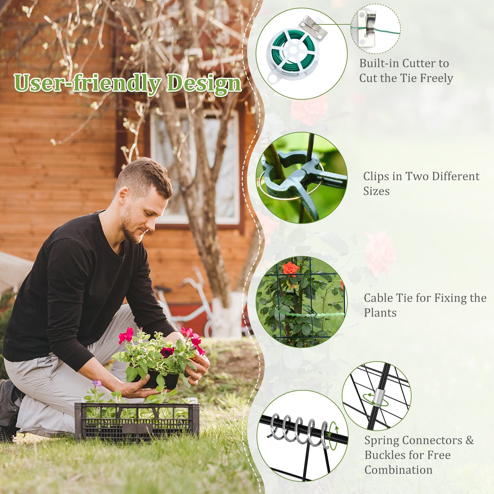 48 x 34 Inch Foldable A-Shape Cucumber Trellis for Garden - 8 PCS Plant Support with 18 Clips, 16 Stakes, 8 Spiral Connectors, 12 Cable Ties - Perfect for Climbing Plants, Vegetables, and Vines in Outdoor Gardens, Backyards, and Greenhouses