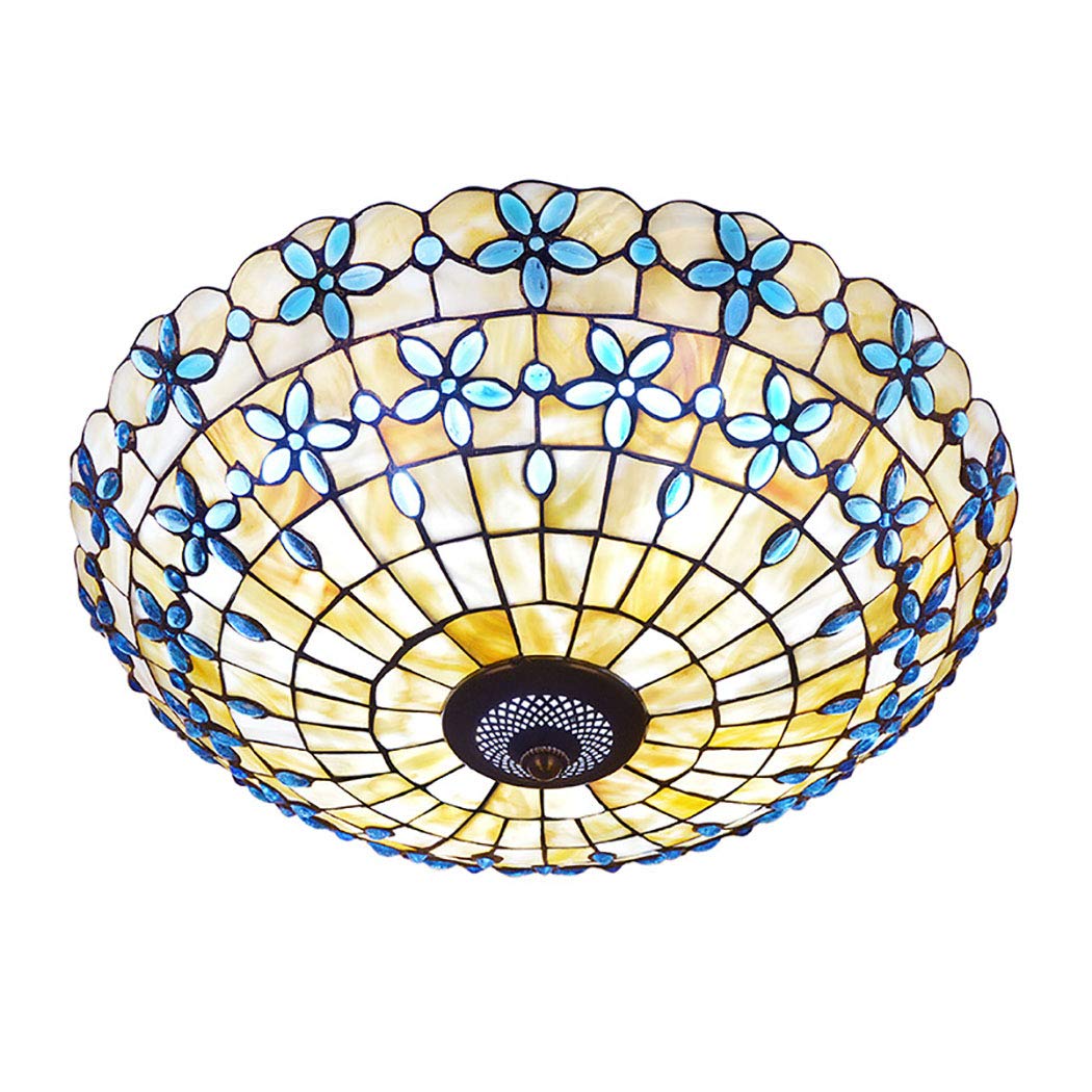 Blue Mediterranean Tiffany Style Semi Flush Mount Ceiling Light - 16 Inch Handcrafted Glass Shade for Bedroom, Living Room & Hotel Decor | Vintage Inspired Lighting Fixture for Coastal, Boho & Mediterranean Home Interiors