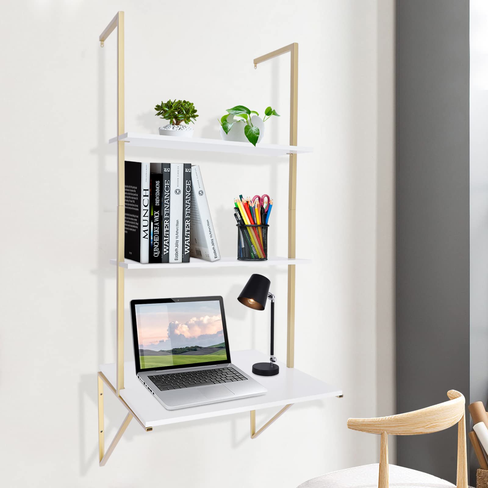 3 Tier Floating Wall Shelf - Gold Standing Ladder Desk for Laundry, Bathroom, Kitchen, Bedroom & Office - Space Saving Decorative Storage & Display Solution