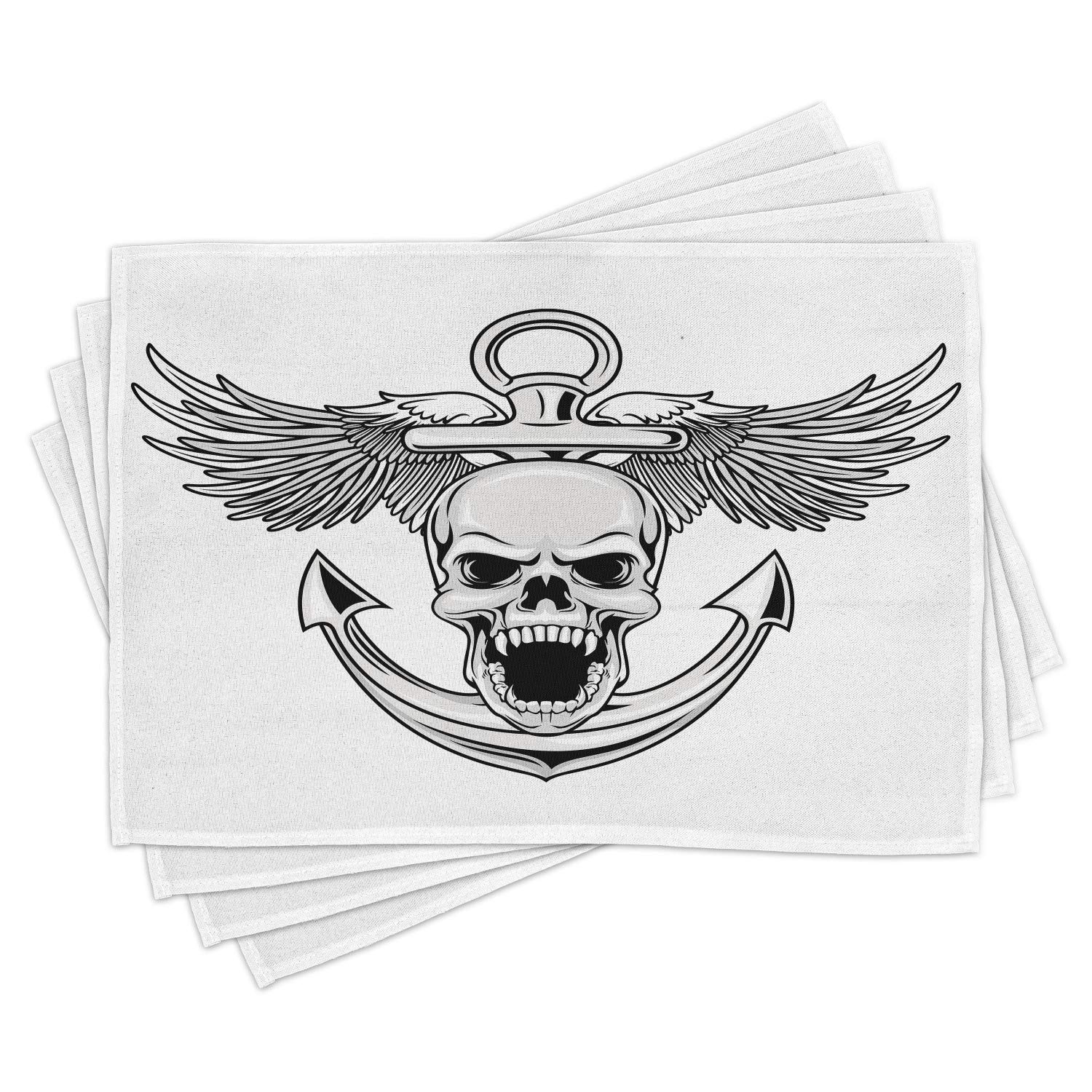 Ambesonne Anchor Place Mats Set of 4 - Skull with Anchor & Eagle Wings Freedom Design, Washable Fabric Placemats for Dining Table, Kitchen Decor in Grey White - Perfect for Nautical Themed Parties, Halloween Decorations and Coastal Home Style
