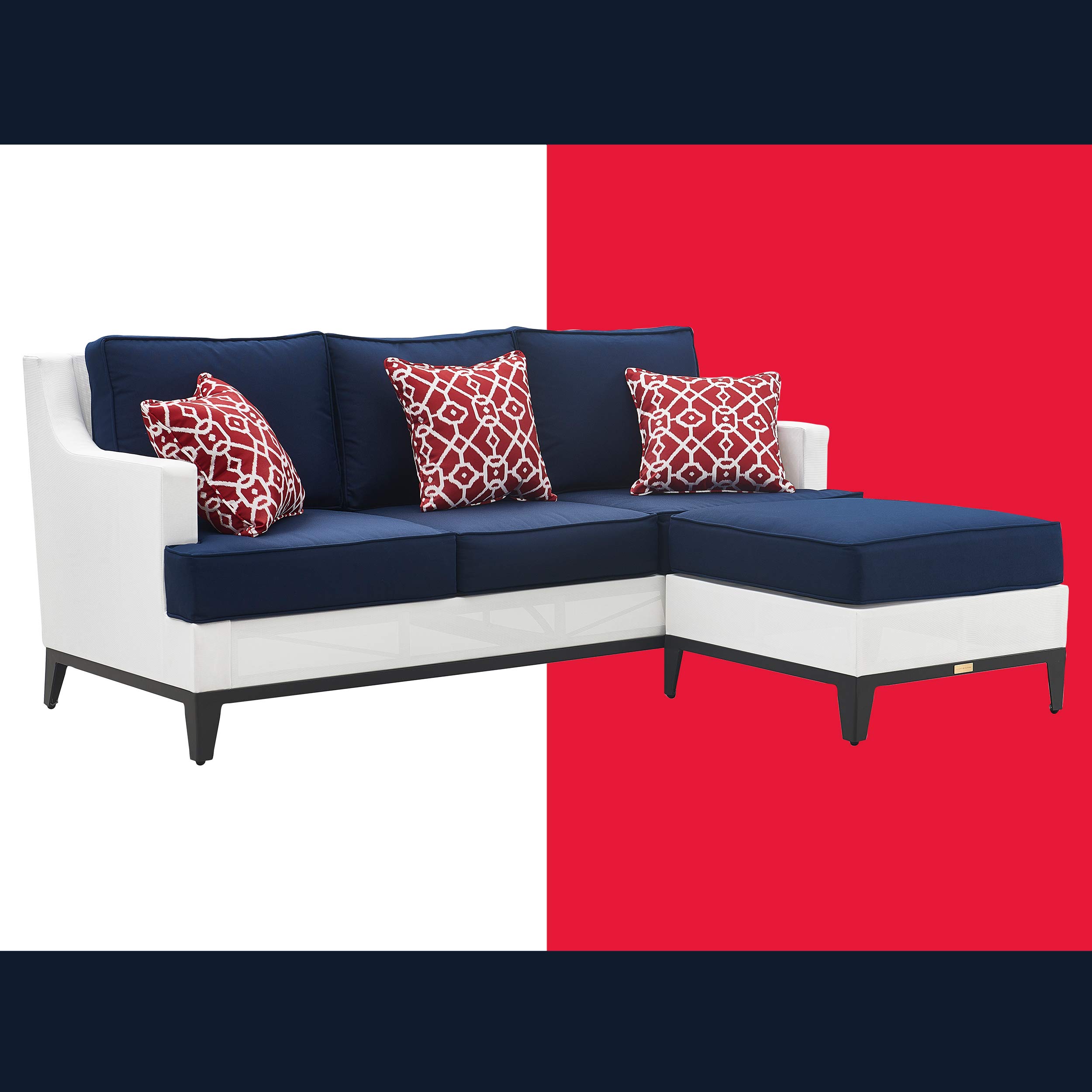 Tommy Hilfiger Hampton Modern White Mesh Outdoor Patio Furniture Set - Gunmetal Frame Sectional Sofa with White & Navy Cushions - Perfect for Backyard, Poolside & Garden Relaxation