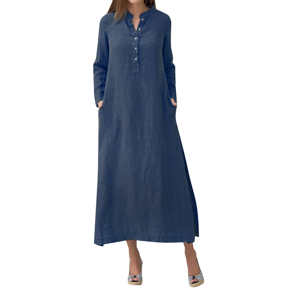 Versear Women's Long Sleeve Button Up Shirt Dress - Cotton Maxi Dress with Split & Pocket - Casual Beach Wear, Office Outfit & Summer Dress