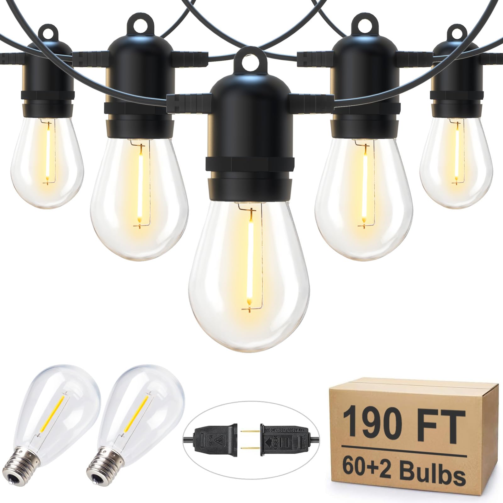 190FT Outdoor String Lights with 62 Shatterproof S14 Vintage Edison Bulbs - Waterproof Patio Hanging Lights for Backyard, Deck, Garden, Party & Christmas Decor (2700K Warm White) - Perfect for Outdoor Dining, Weddings, and Cozy Ambiance