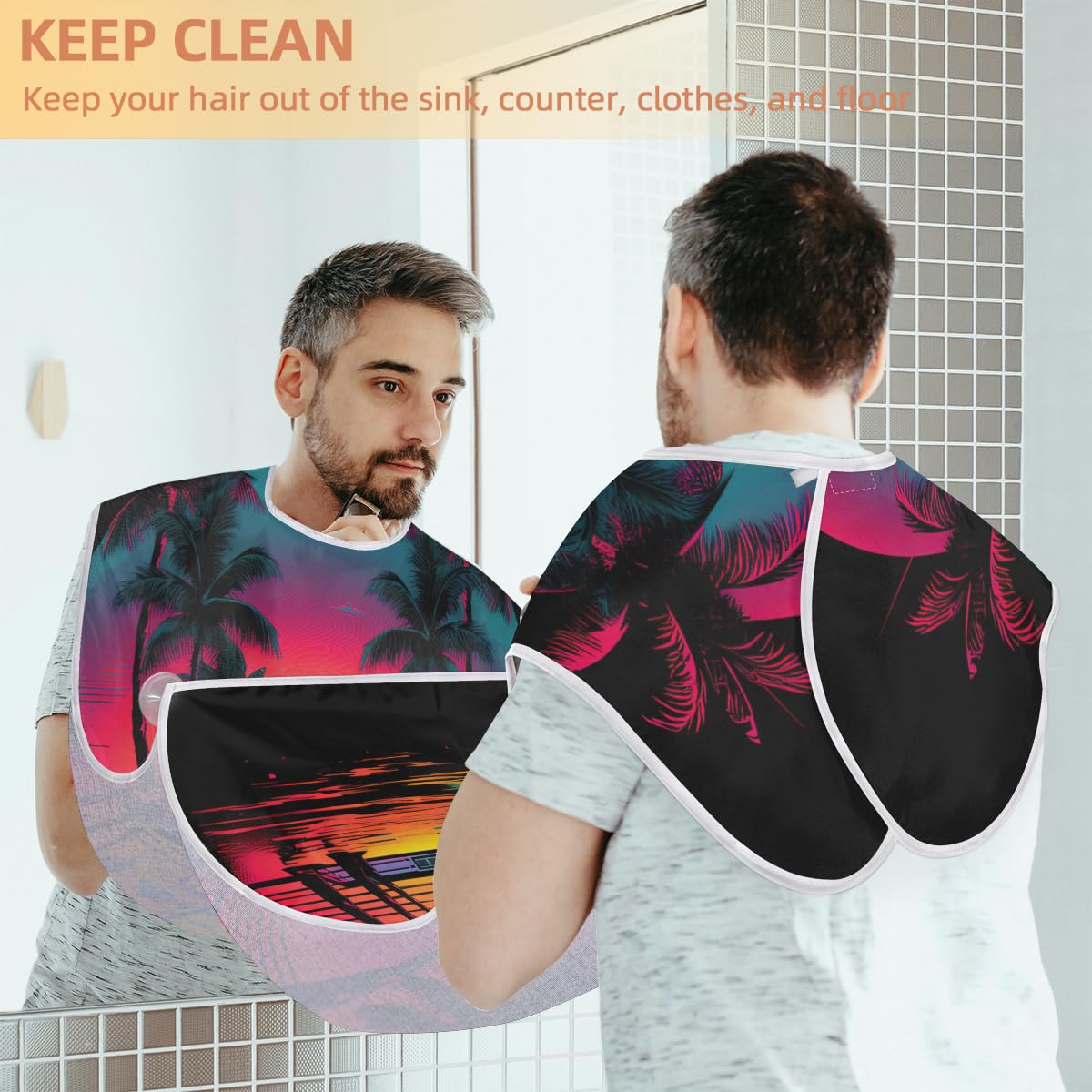 Palm Tree Beard Shaving Bib for Men - Waterproof Hair Dye Apron & Barber Cape for Haircut, Beard Trimming & Makeup - Sink Hair Catcher & Styling Tool for Home Salon & Grooming Gifts