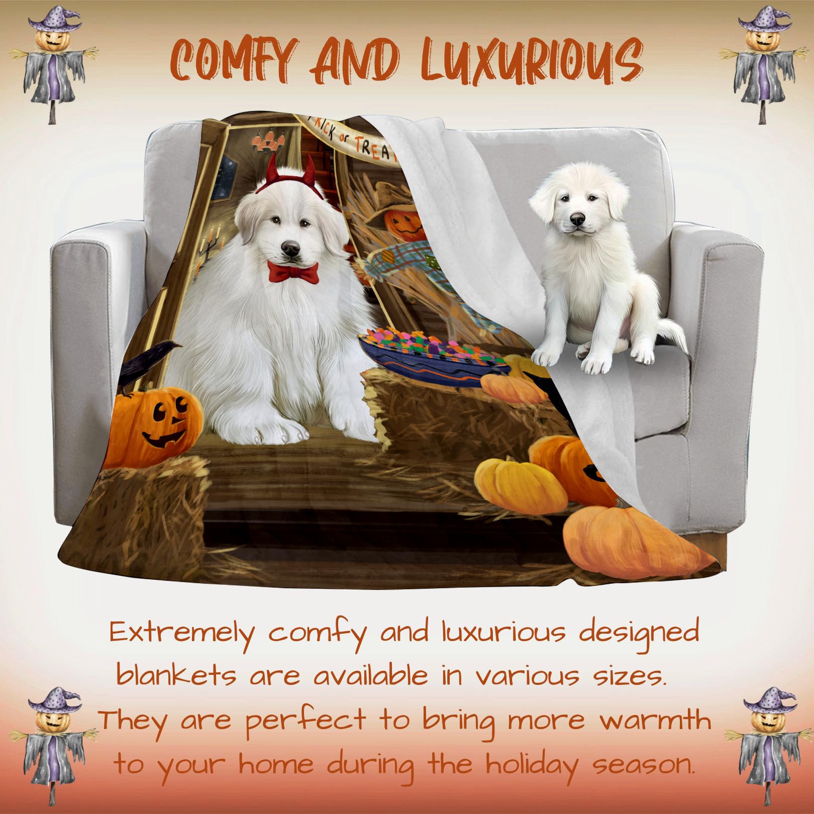 Halloween Trick or Treat Great Pyrenees Dog Blanket - Lightweight Soft Cozy Woven Throw for Pets (50x60) - Perfect for Couch, Sofa & Bed - Durable Animal Theme Fuzzy Blanket BLNKT78541 - Great for Halloween Decor, Pet Snuggling & Home Decor