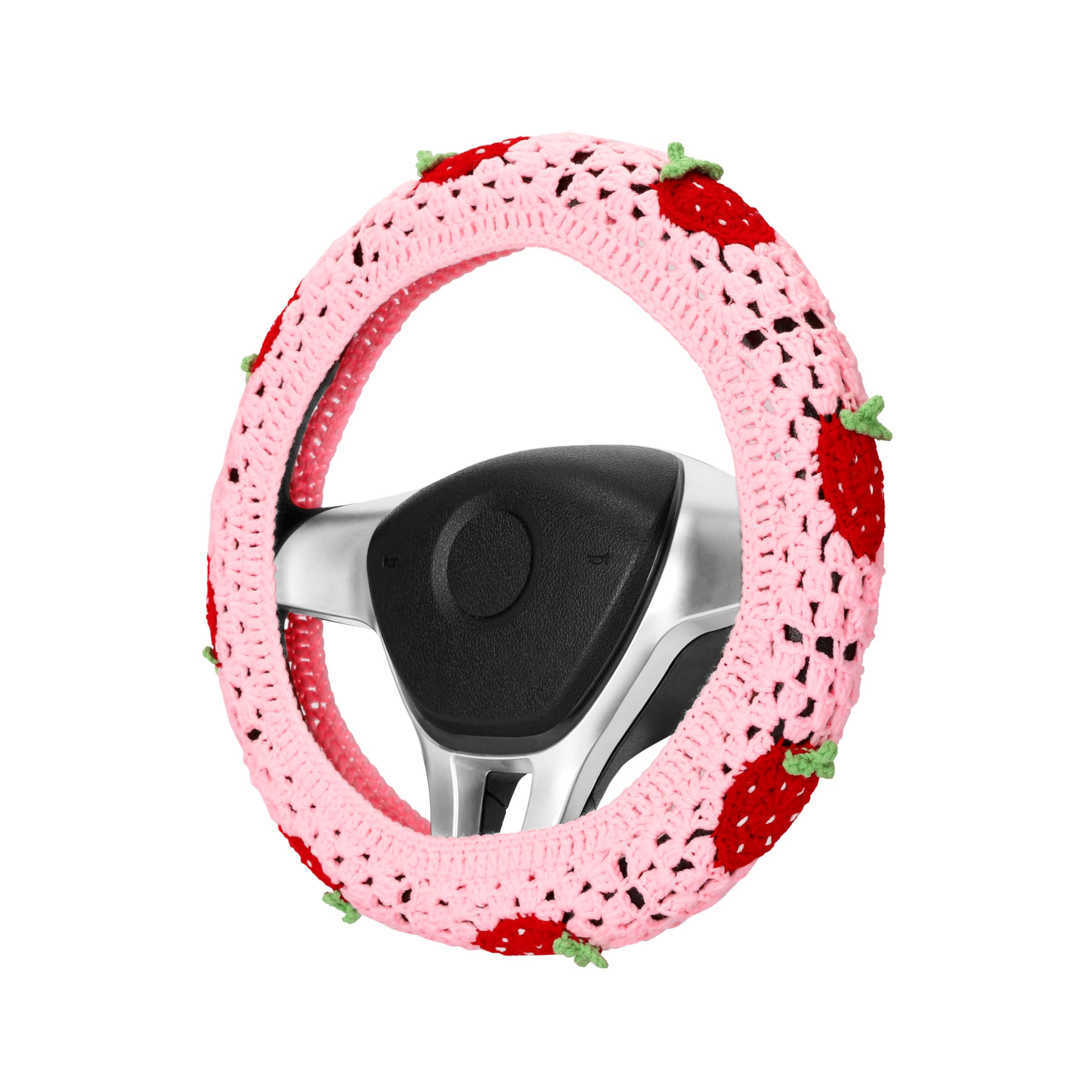 Crochet Steering Wheel Cover Set - 14-15 Inch Pink Strawberry Granny Square Pattern, Boho Chic Car Accessories for Women, Cute Hippie Style Steering Wheel Protector (Perfect for Summer Road Trips & Vintage Car Decor)
