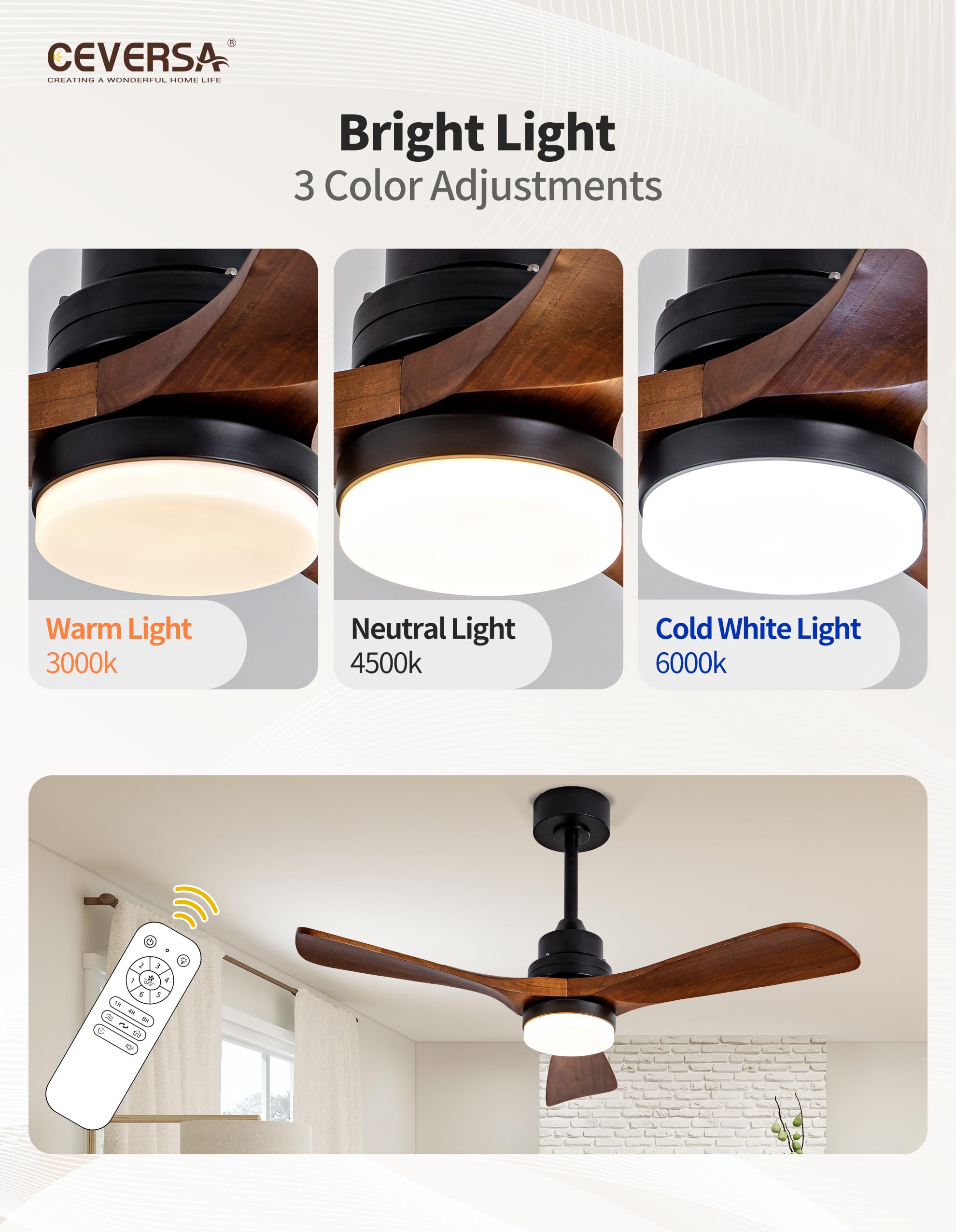 42 Inch Walnut Wood Ceiling Fan with Light Kit & Remote Control - 3 Blade Outdoor/Indoor Reversible DC Motor Fan - Silent Operation for Patio, Living Room, Farmhouse, Bedroom - Perfect for Home Cooling & Decoration