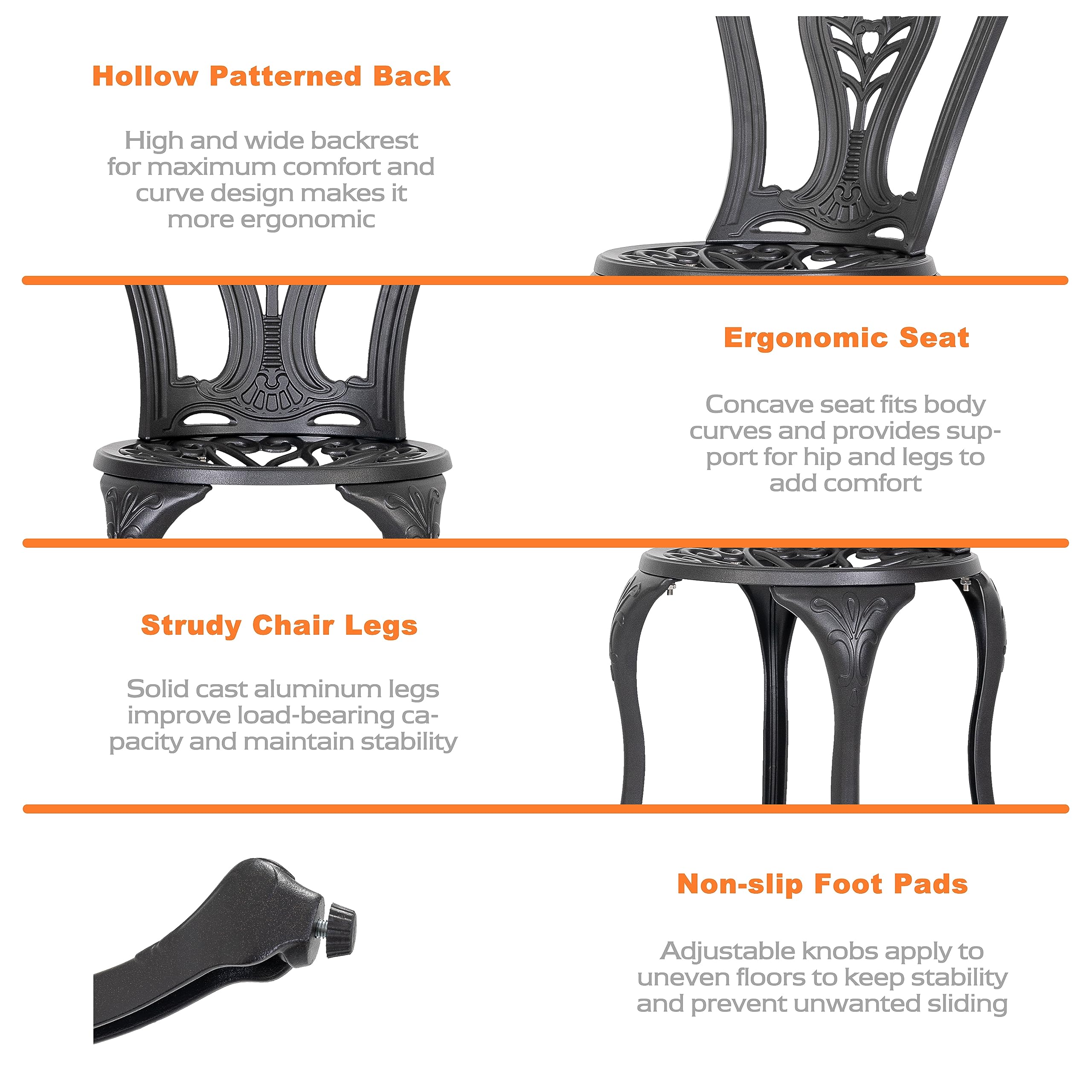 NUU GARDEN 2-Pack Cast Aluminum All-Weather Outdoor Dining Chairs - Patio, Garden, Balcony & Backyard Bistro Seating - Durable Indoor/Outdoor Use for Restaurants, Cafes & Home Decor (Black)