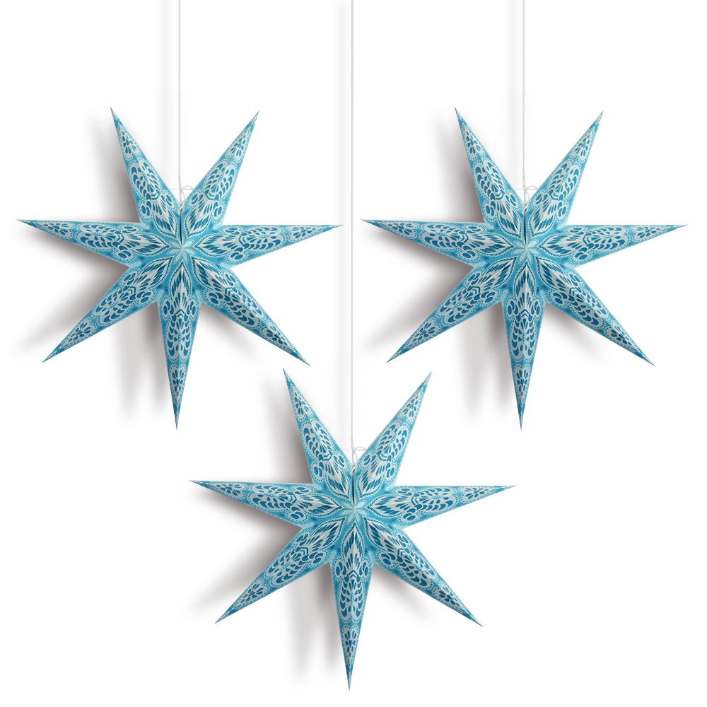 3 Pack Turquoise Blue Peacock 24 Inch LED Illuminated 7-Point Paper Star Lanterns with Bulbs & Cord - Perfect for Bedroom Decor, Party Lighting, and Outdoor Garden Decorations
