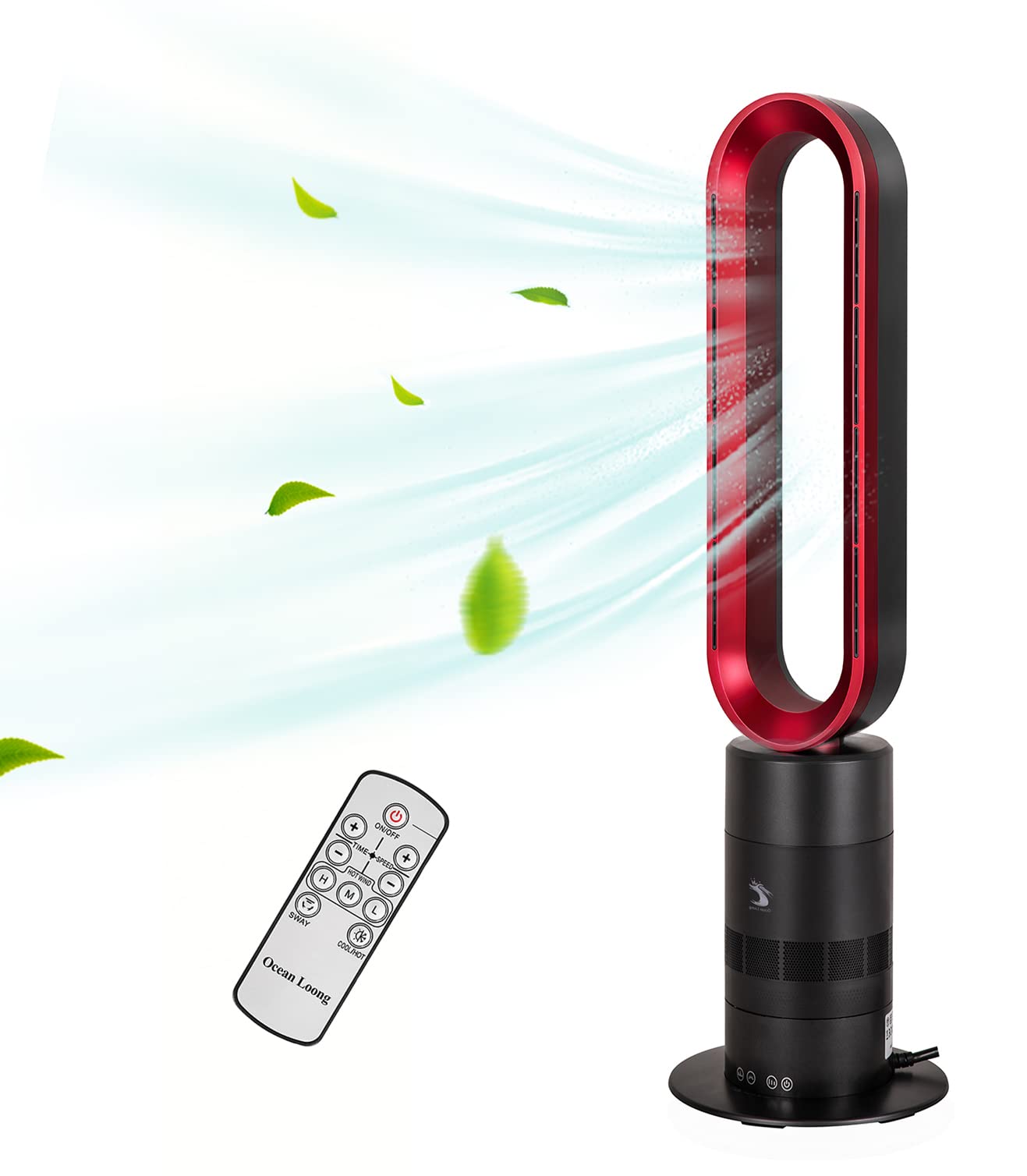1850W Ceramic Heater Fan with Remote Control - 32 Inch Electric Space Heater & Air Circulator, 10 Speed Settings, 9 Hour Timer, 90° Oscillation - Bladeless Fan for Bedroom, Office, Living Room (Grey & Red)