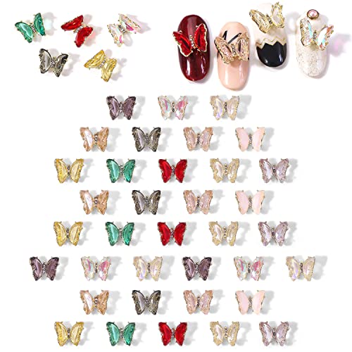 JERCLITY 36pcs 3D Zircon Butterfly Nail Charms - Alloy Crystal Aurora Nail Decorations for Acrylic Nails, Manicure, DIY Nail Art - Perfect for Parties, Weddings, and Special Occasions