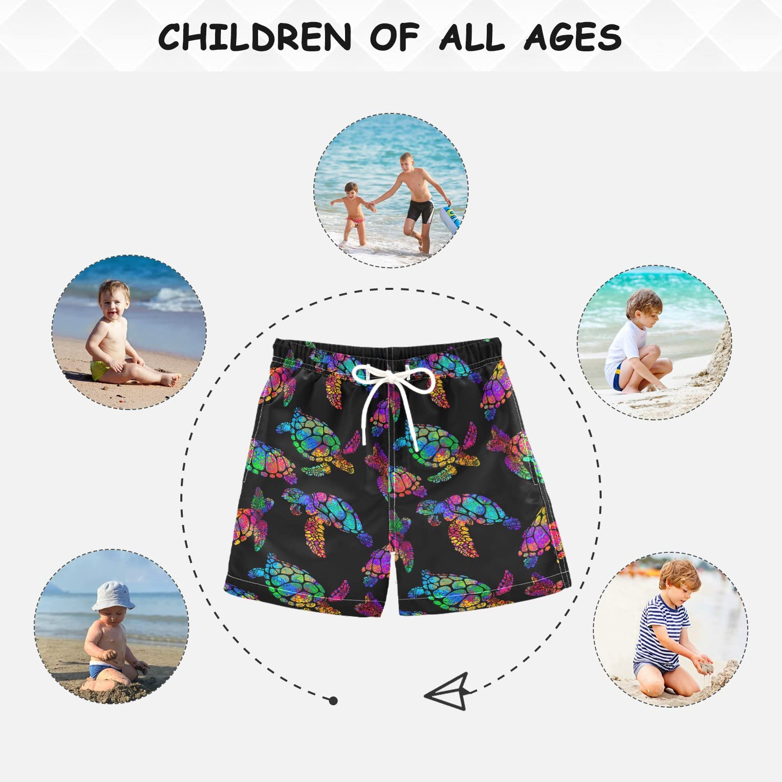 JUNZAN Bright Boho Turtle Swim Trunks for Boys - Quick Dry Board Shorts for Kids & Toddlers (3-14 Years) - Perfect for Beach, Pool & Summer Vacation