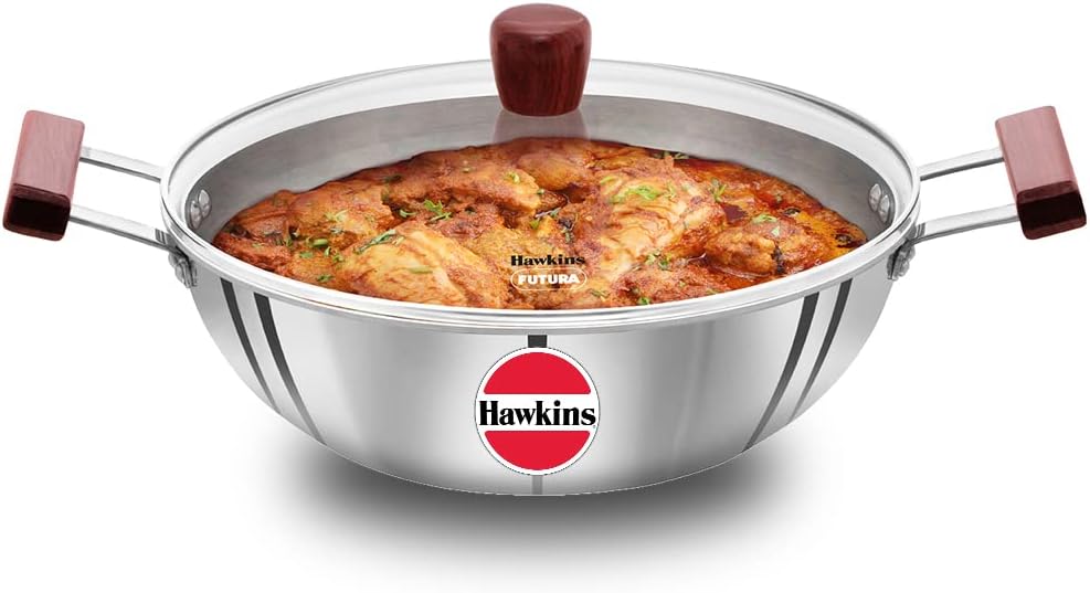 HAWKINS 5 Liter Stainless Steel Deep Kadai with Glass Lid - Triply Bottom Induction Compatible Cookware for Indian Cooking - Perfect for Biryani, Curry & Deep Frying