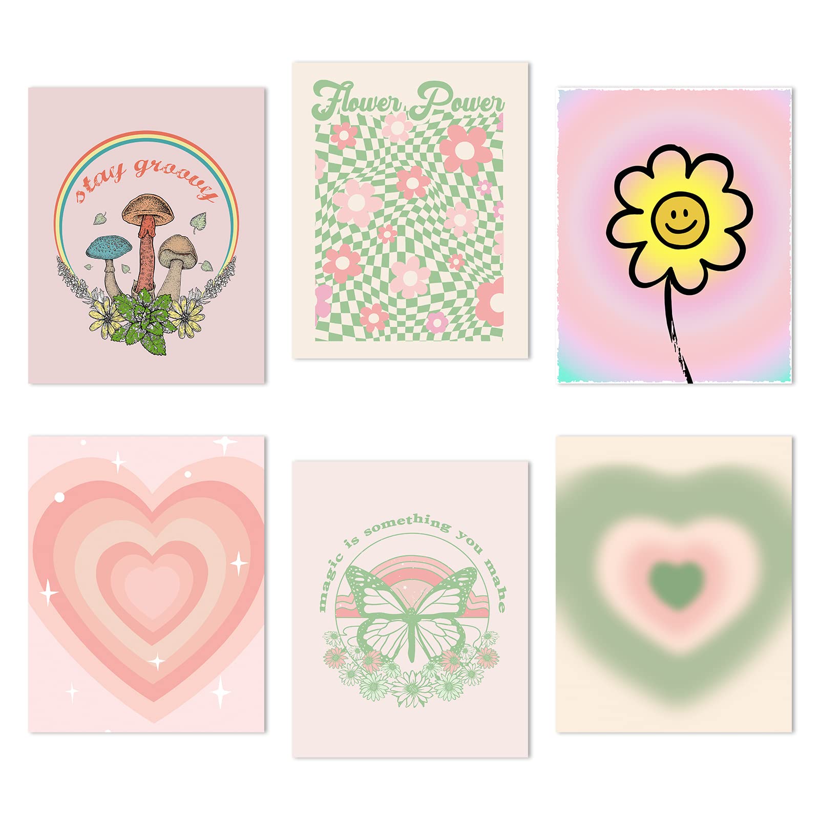 Trendy Y2K Aesthetic Wall Art Prints - Set of 6 Unframed 8x10 Inch Danish Pastel Decor for Bedroom | Green & Pink Room Decor for Teen Girls | Perfect for Boho Chic, Dorm Room & Instagrammable Home Decor