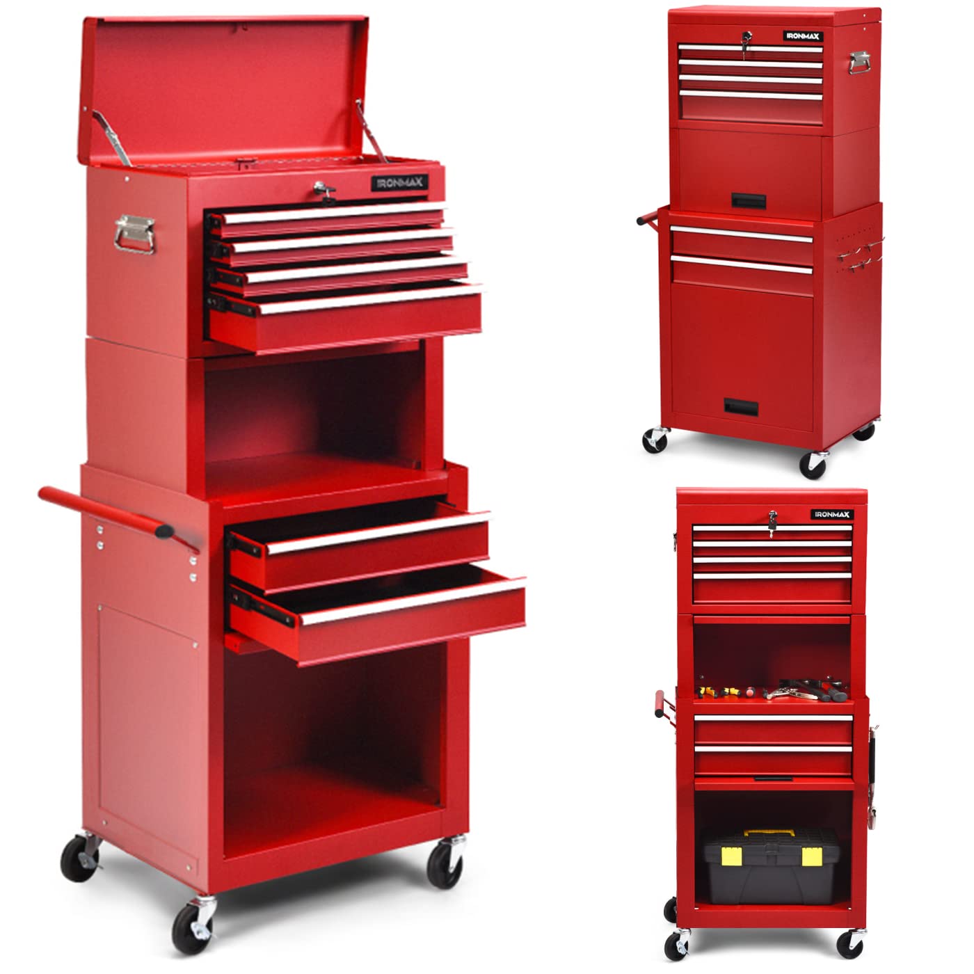 ERGOMASTER 6-Drawer Rolling Tool Chest - Heavy Duty Steel Tool Storage Cabinet with Locking Wheels & Removable Workbench for Garage Organization (Upgraded 6-Drawer, Red) - Perfect for Mechanics, DIY Enthusiasts & Home Workshop Storage