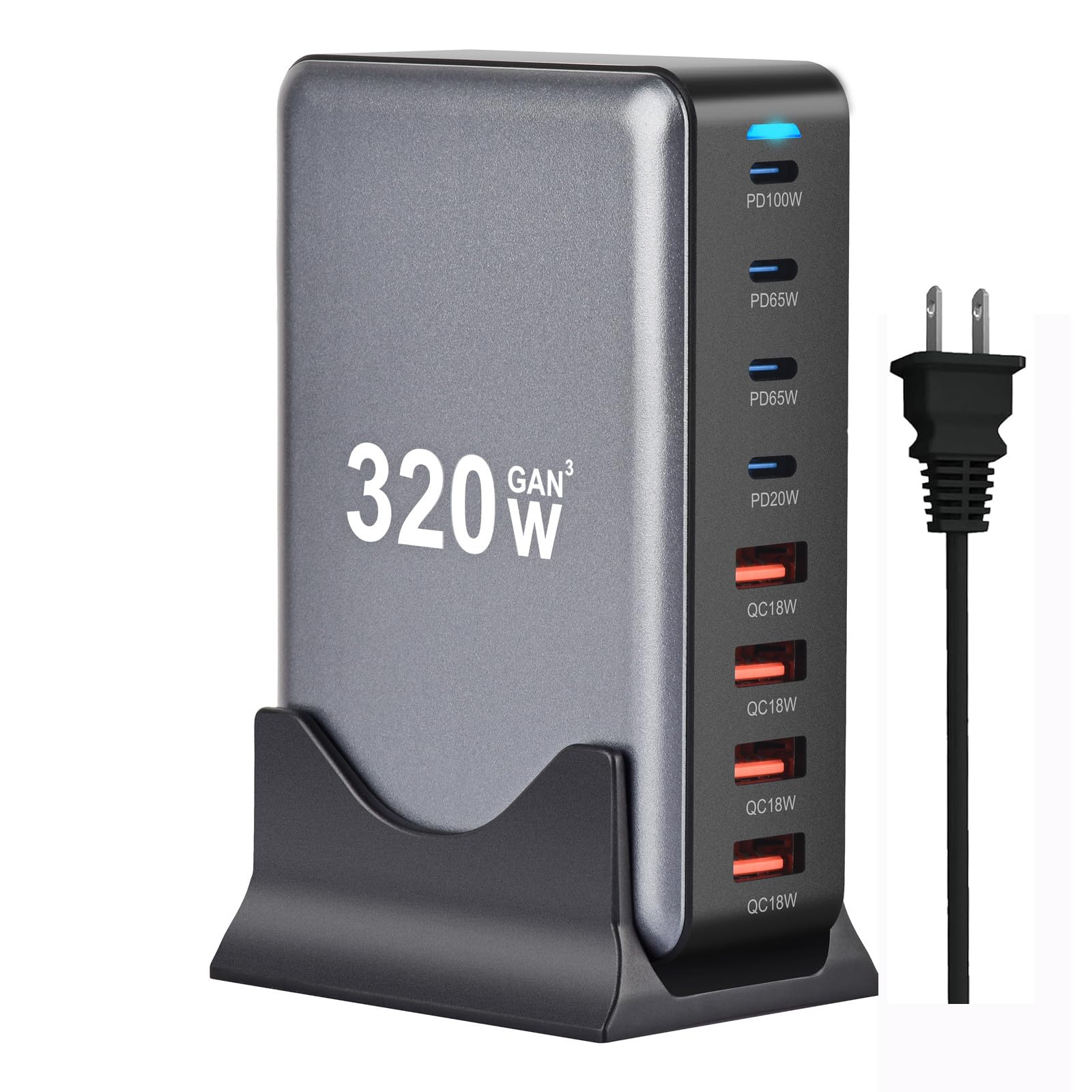 320W GaN III 8-Port USB C Fast Charging Station with PPS PD 100W - Compatible with MacBook Pro/Air, Dell, HP, Surface, iPhone 16/15/14, Galaxy S23, Steam Deck - Perfect for Home, Office & Travel Charging Multiple Devices Simultaneously