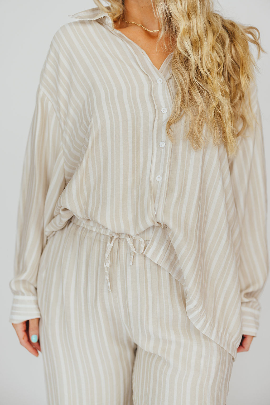 Sloane Striped Nursing-Friendly Button Down Shirt & Pants Set in Natural - Comfortable Maternity Outfit for Breastfeeding Moms